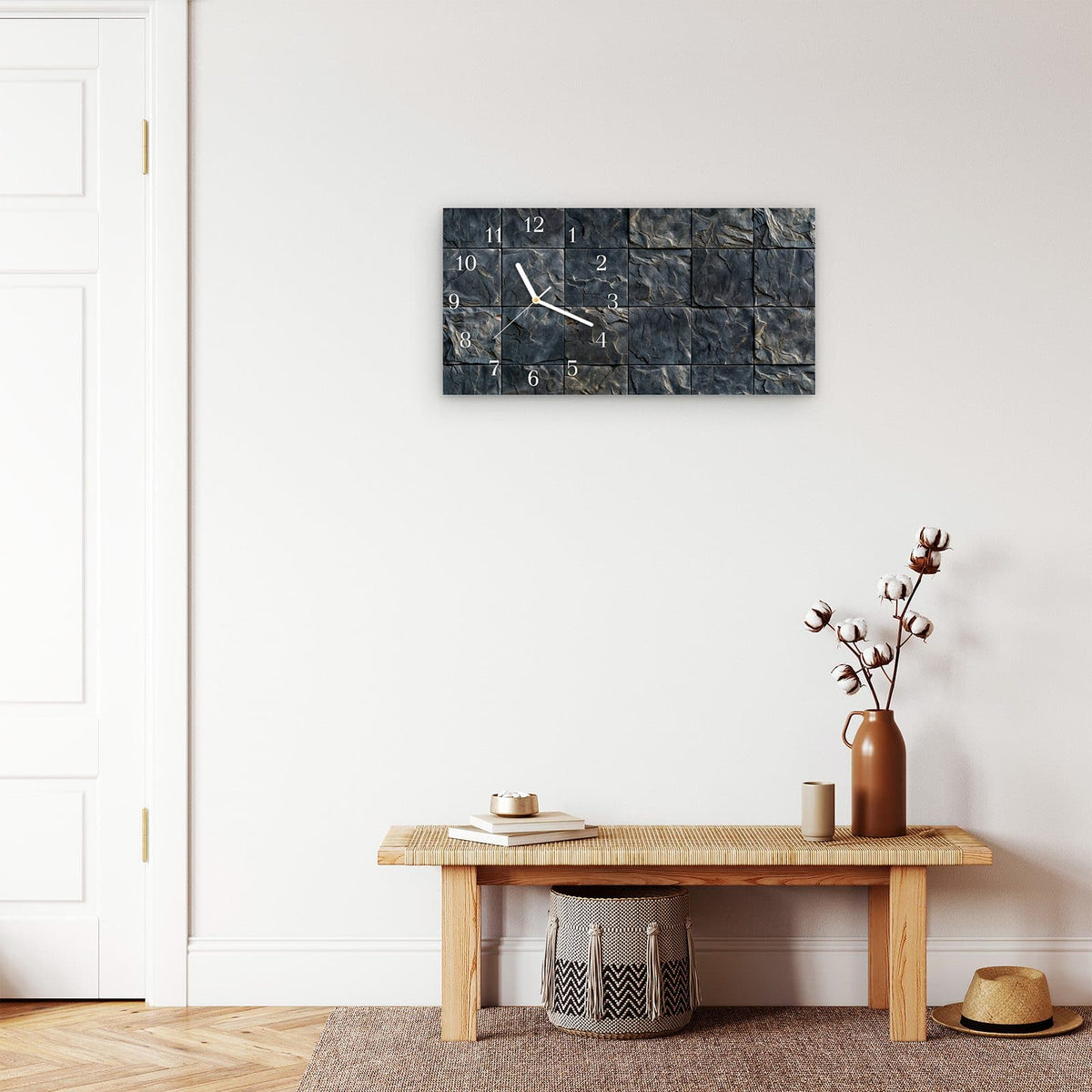 Moderne Wanduhr aus Glas mit Farbtiefe – Wanduhr Schieferfliesen aus Glas – Querformat 60 × 30 cm