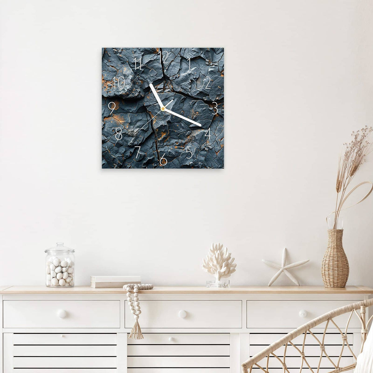 Wanduhr Zerklüfteter Fels aus Glas – Quadratisch 30 × 30 cm – Zerklüfteter grauer Fels mit Rostakzenten