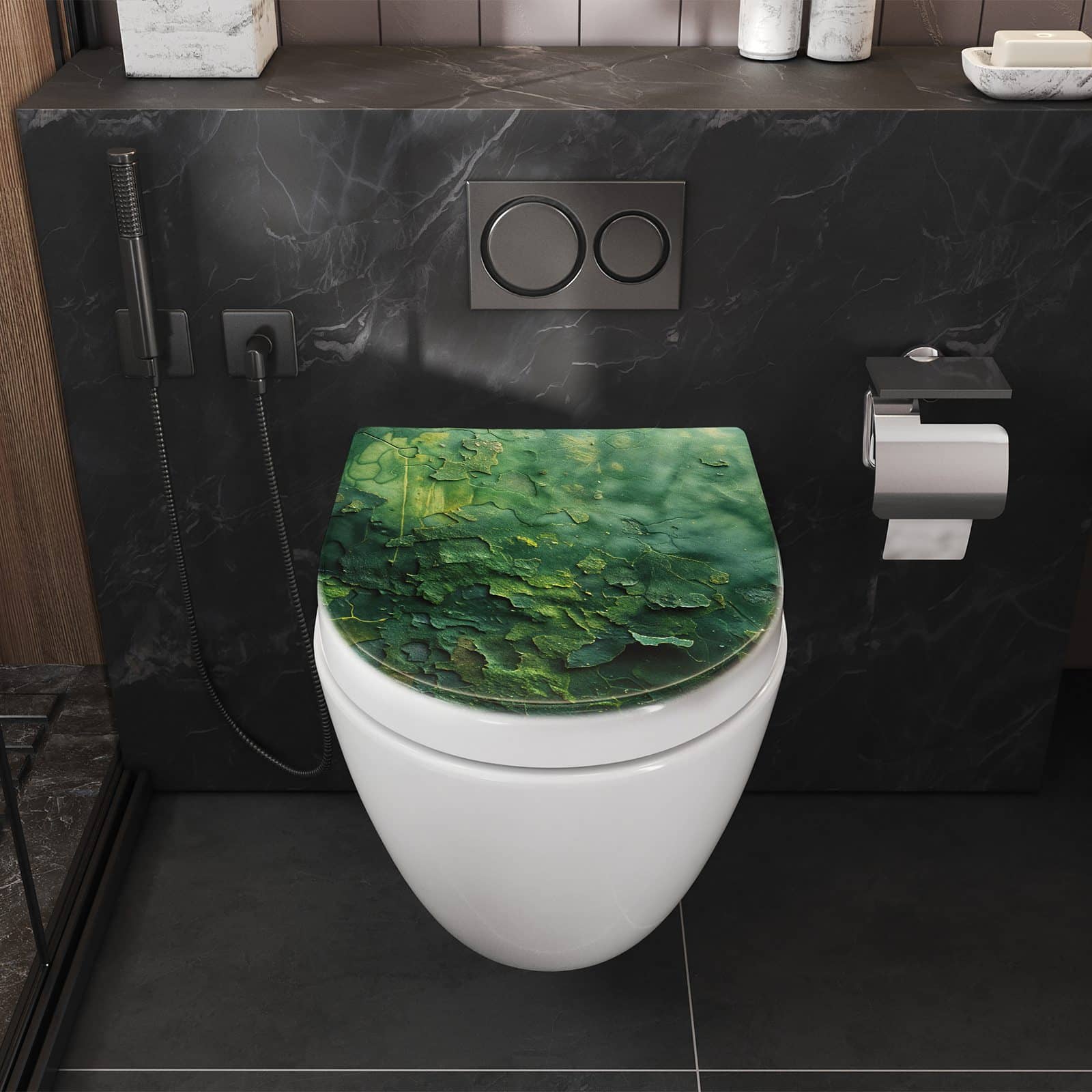 WC-Sitz mit Absenkautomatik Oberfläche von Verwitterte