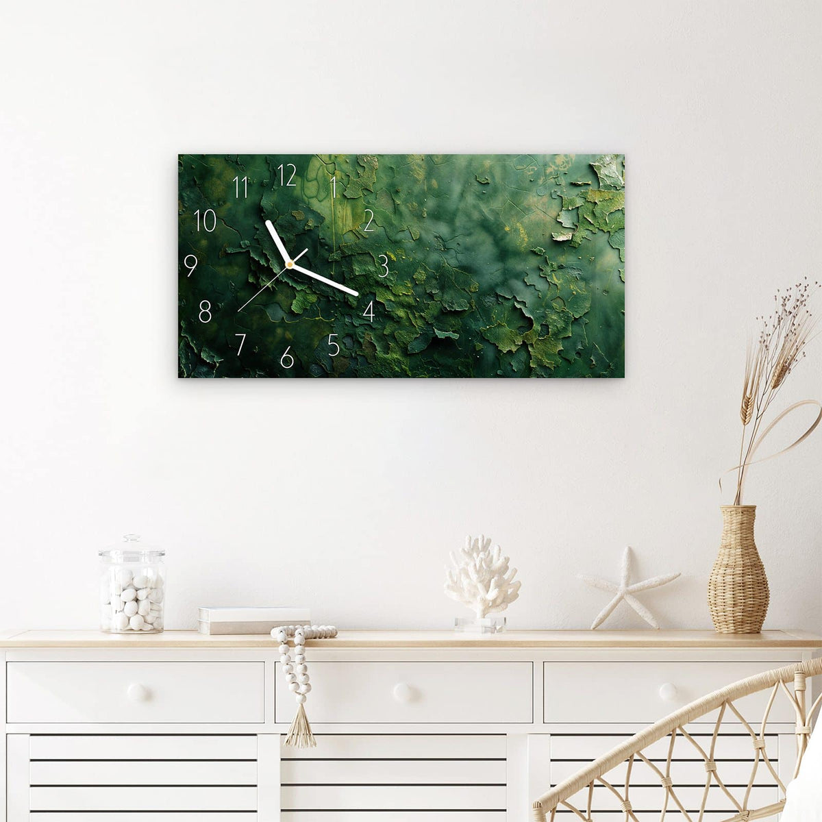 Wanduhr Verwitterte Holzoberfläche aus Glas – Querformat 60 × 30 cm – Abblätternde Struktur in tiefem Grün