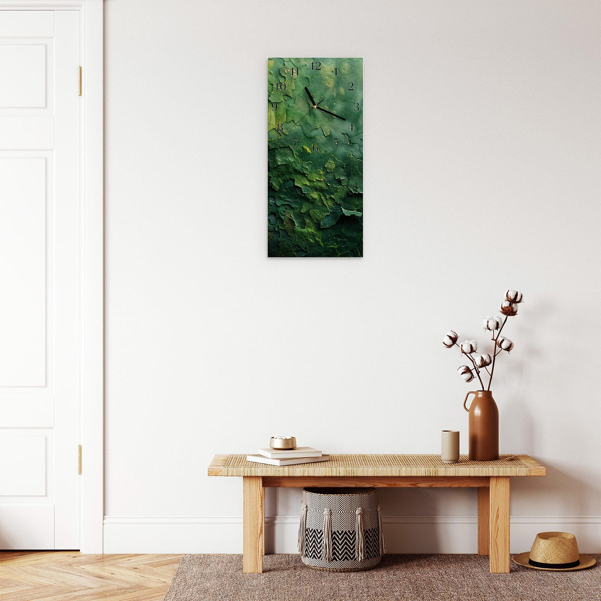 Moderne Wanduhr aus Glas mit Farbtiefe – Wanduhr Verwitterte Holzoberfläche aus Glas – Hochformat 30 × 60 cm