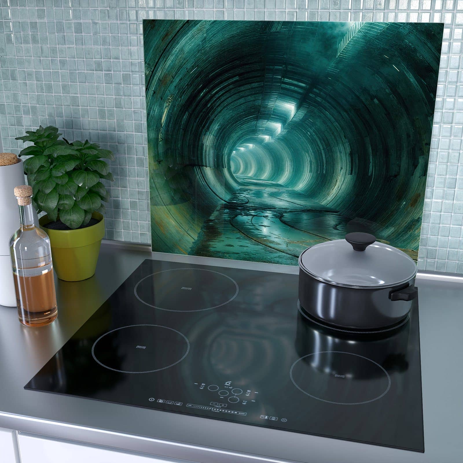 1-teilige Herdabdeckplatte mit Verlassener Tunnel-Motiv als Spritzschutz hinter dem Kochfeld