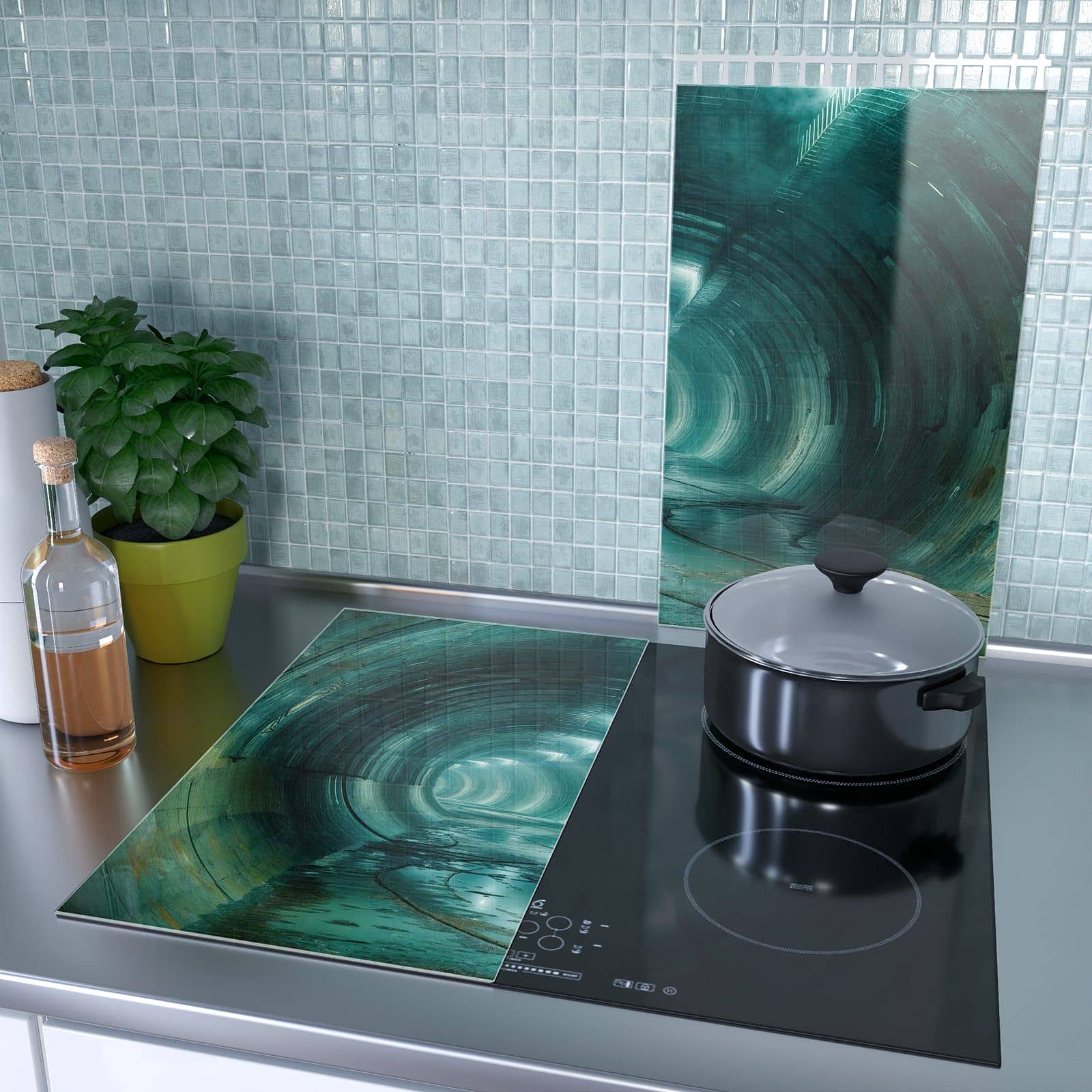 2-teilige Herdabdeckung aus Glas mit Verlassener Tunnel-Motiv als Spritzschutz hinter dem Kochfeld