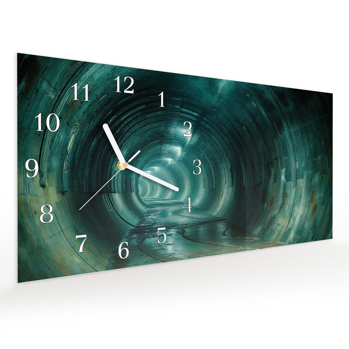 Vormontiert – mit Schwebeeffekt – Wanduhr Verlassener Tunnel aus Glas – Querformat 60 × 30 cm