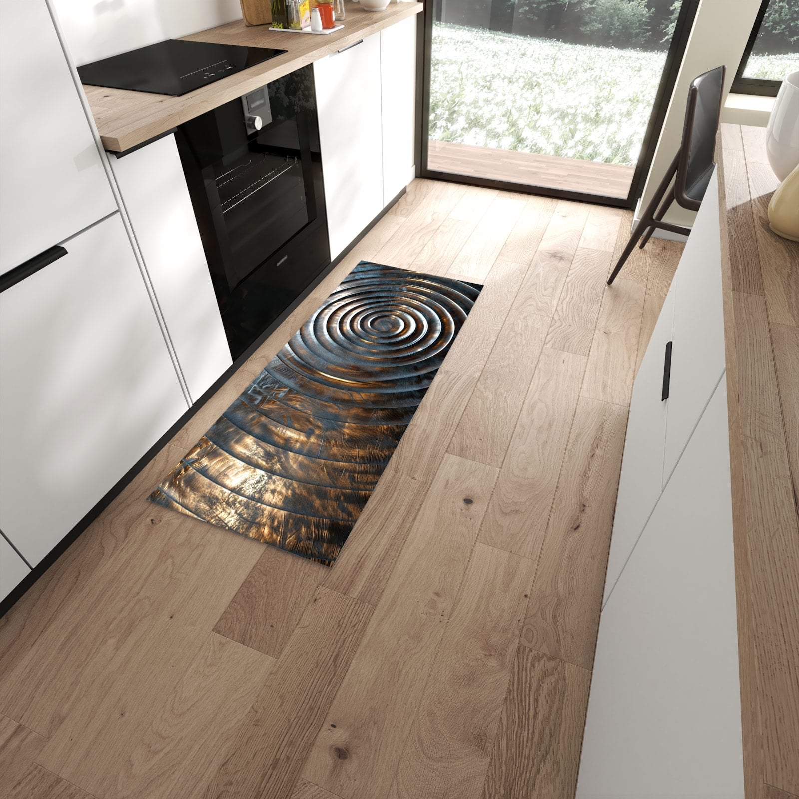 Waschbarer Küchenteppich mit Motiv Metallische Spiralen in moderner Küche für sichere Aufbewahrung #grösse_60 x 150 cm