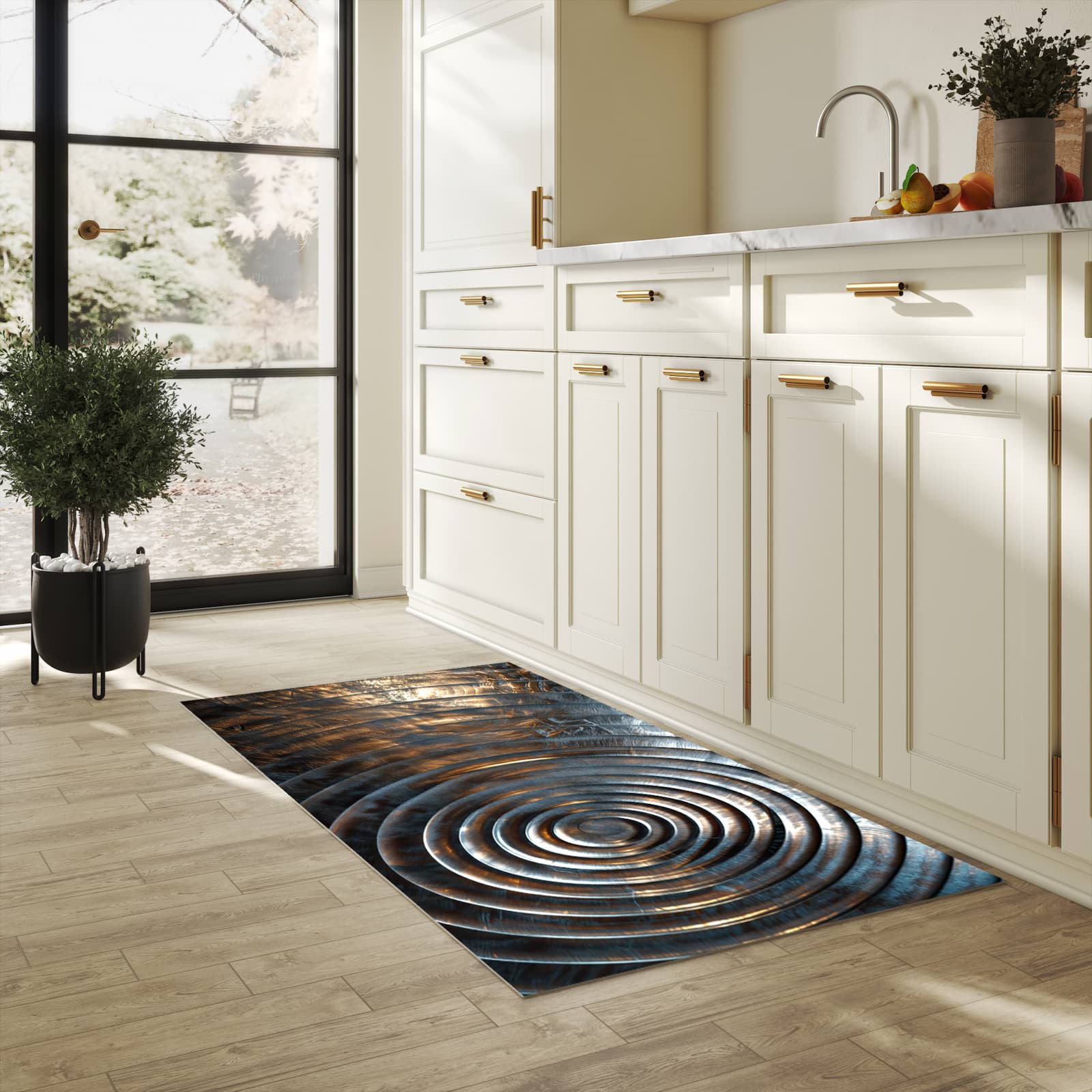 Pflegeleichter rutschfester Küchenteppich mit Motiv Metallische Spiralen in heller Küche