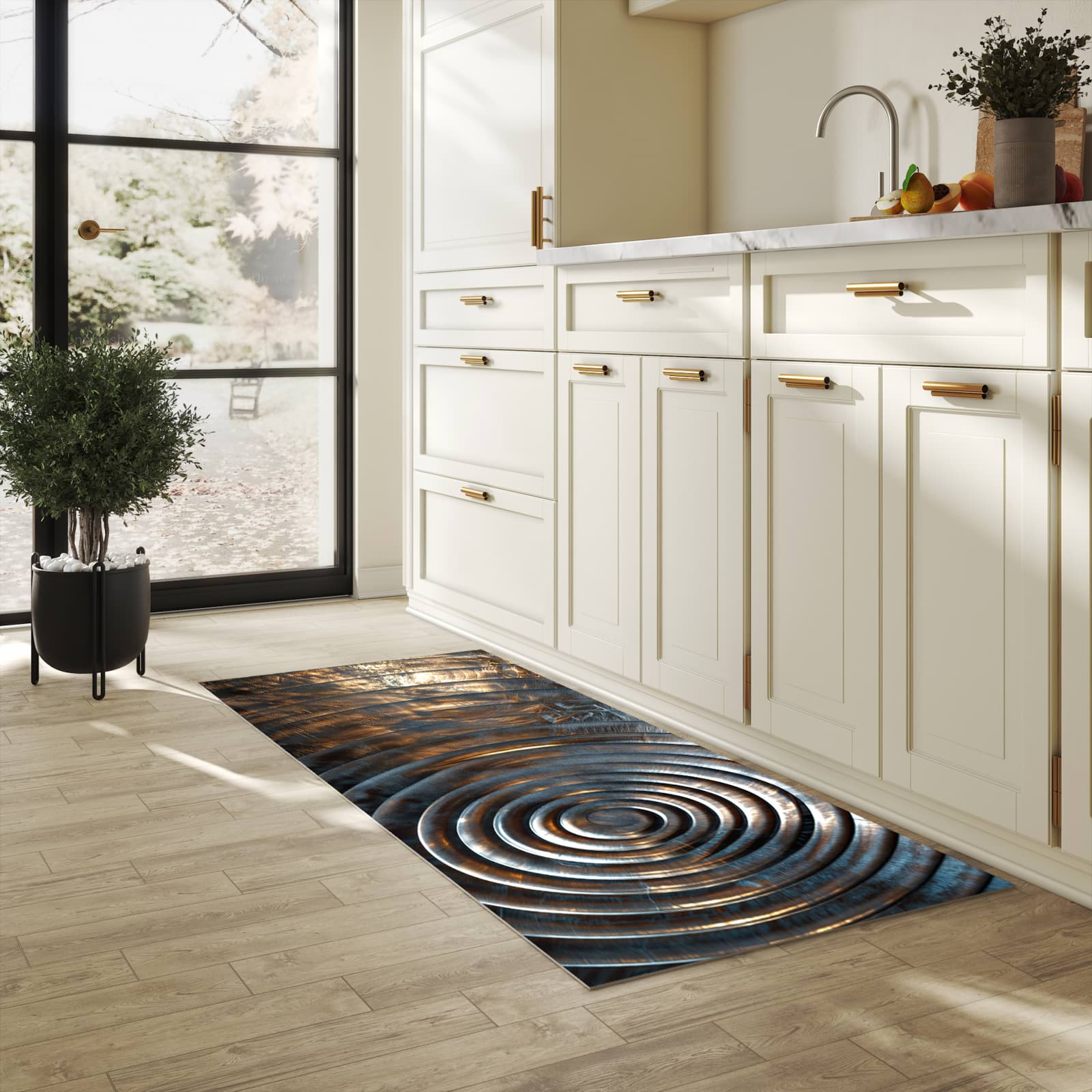 Flacher rutschfester Küchenteppich mit Motiv Metallische Spiralen in heller Küche