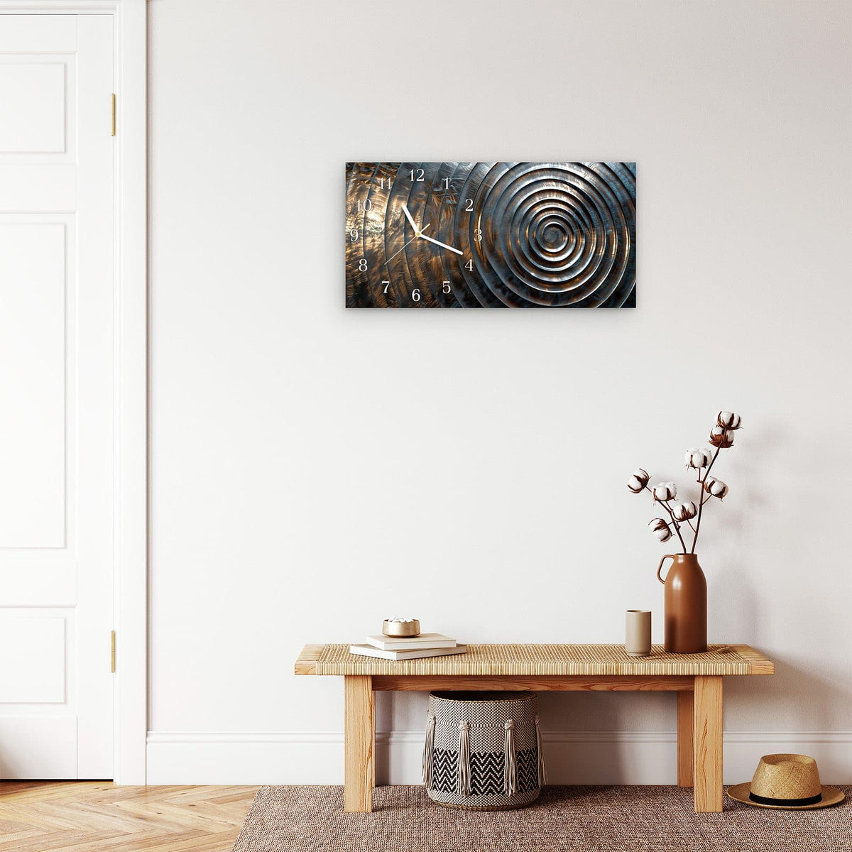 Moderne Wanduhr aus Glas mit Farbtiefe – Wanduhr Metallische Spiralen aus Glas – Querformat 60 × 30 cm