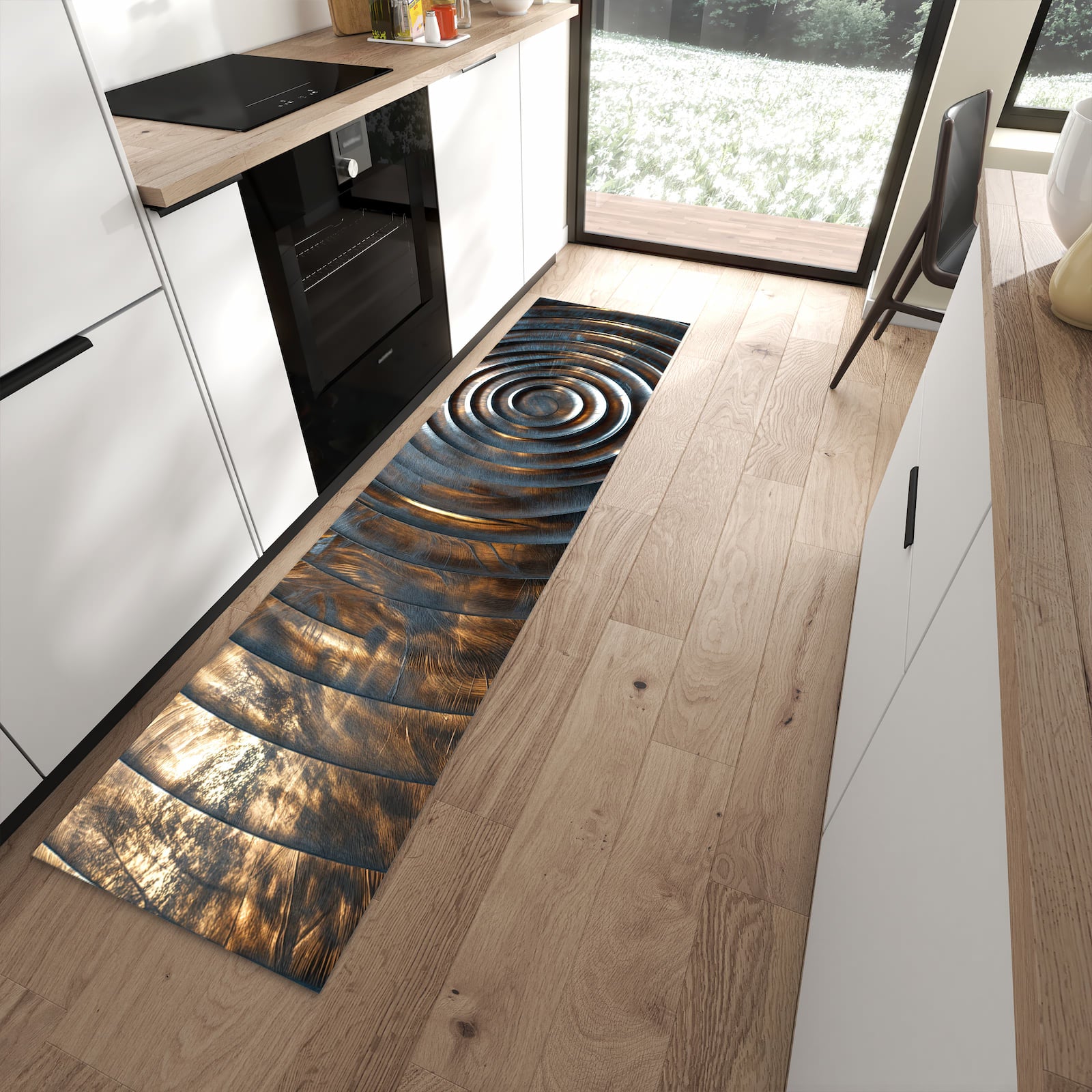 Geräuschdämpfender Teppich für Esstisch mit Motiv Metallische Spiralen in moderner Küche