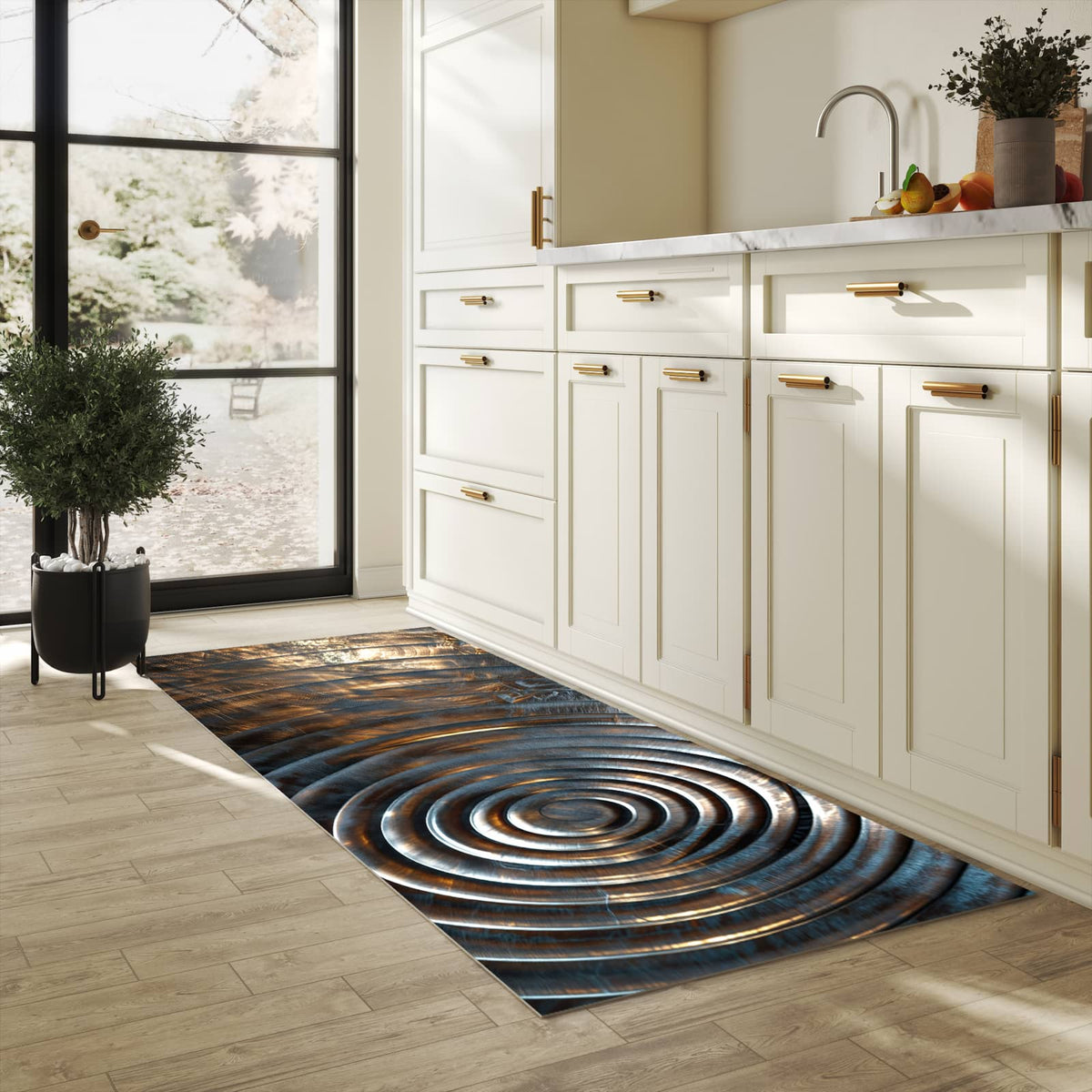Bodenläufer mit Motiv Metallische Spiralen für angenehme Haptik in heller Küche
