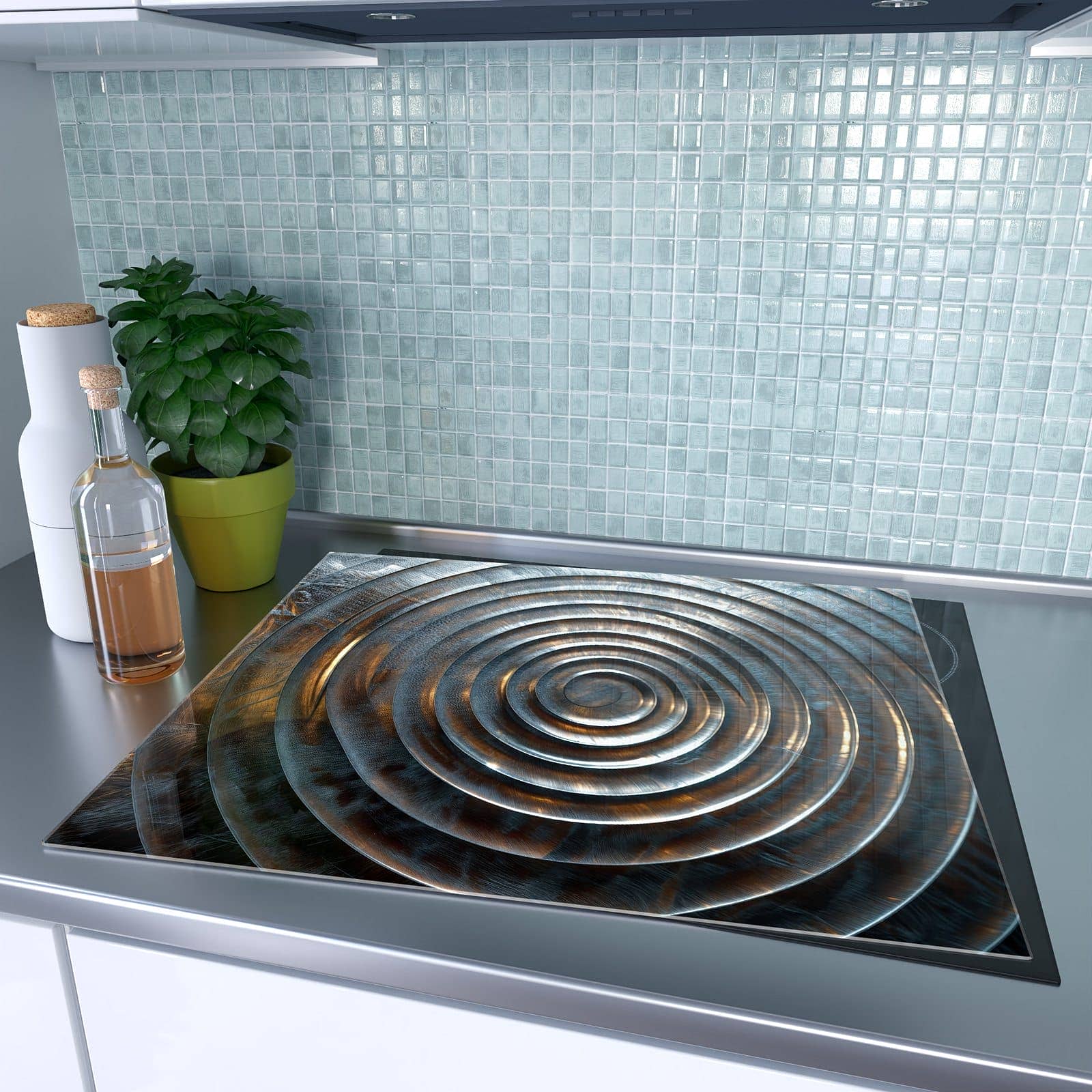 1-teilige Deckplatte aus Glas mit Metallische Spiralen-Motiv auf dem Ceranfeld