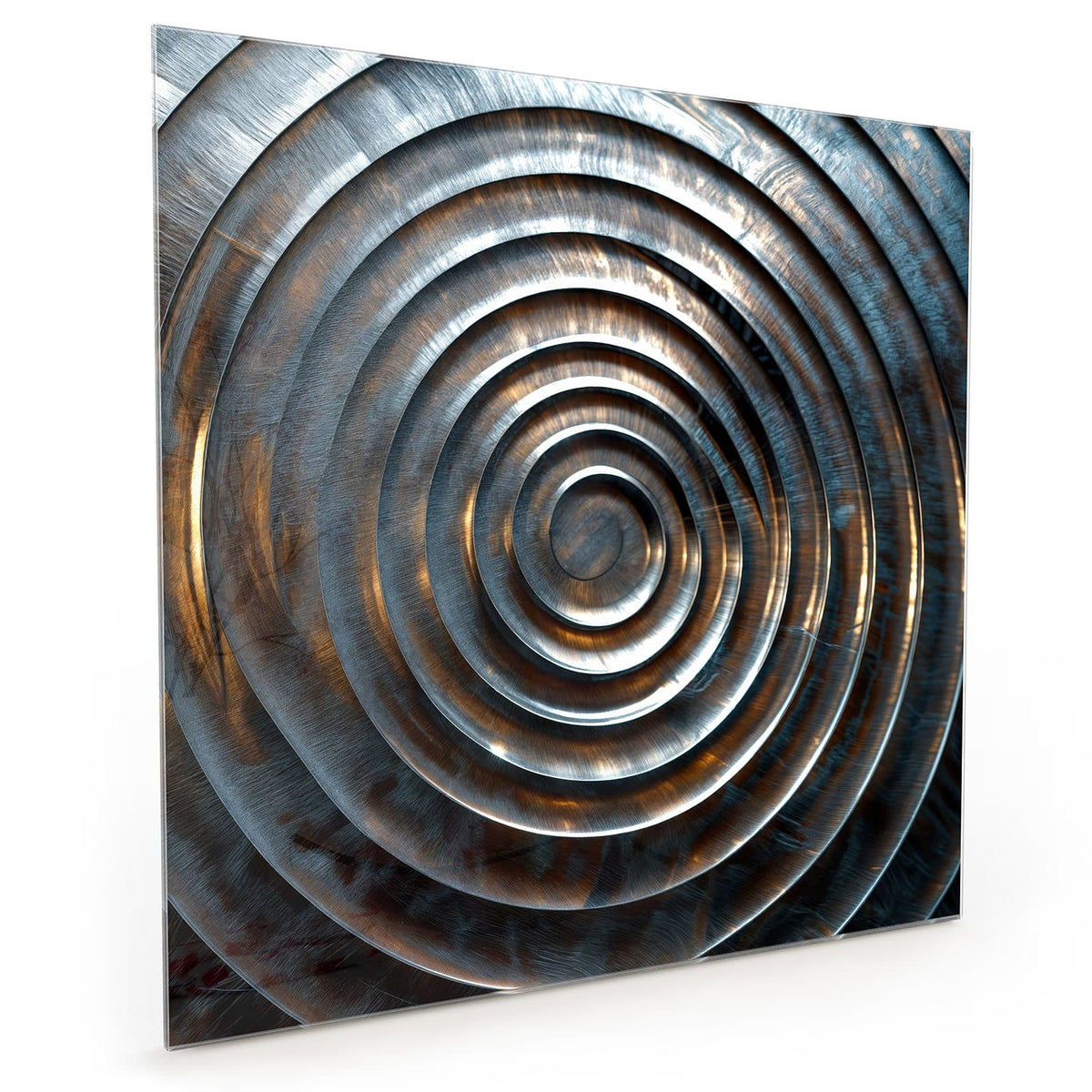 Küchenrückwand aus Glas im quadratischen Format mit Motiv Metallringe: Konzentrische Ringe in gebürstetem Stahl mit bronzefarbenen Reflexen #grösse_40 x 40 cm #grösse_50 x 50 cm #grösse_60 x 60 cm