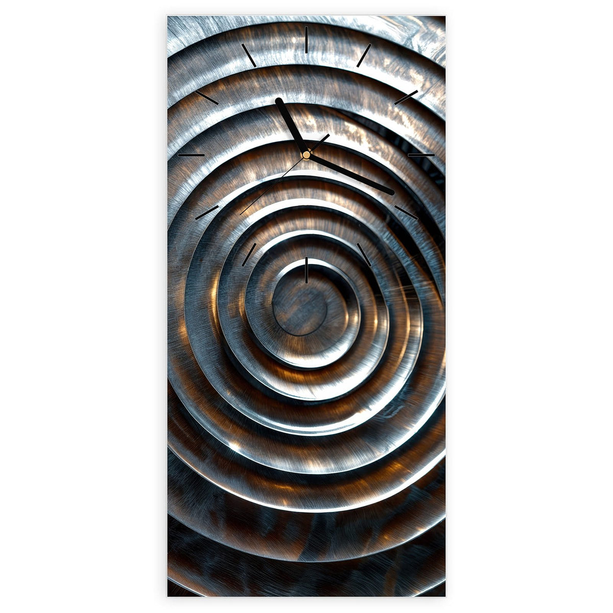 Wanduhr aus Glas, Ziffernblatt Linie mit Motiv Metallringe: Konzentrische Ringe in gebürstetem Stahl mit bronzefarbenen Reflexen