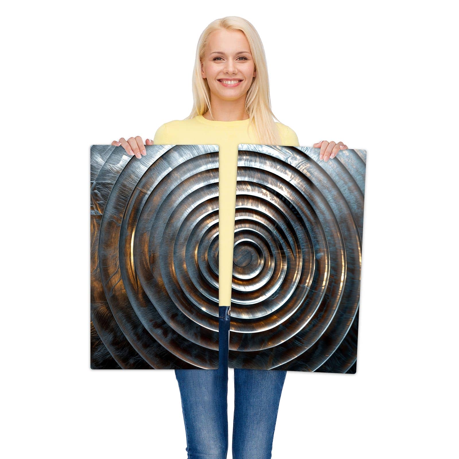 2-teilige Herdabdeckung aus Glas mit Metallische Spiralen-Motiv wird zur Größendarstellung gehalten