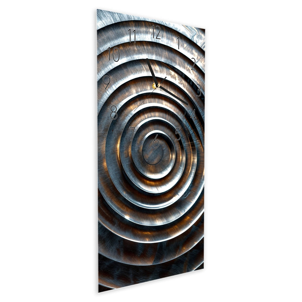 Wanduhr aus Glas im Hochformat Metallringe schräg von der Seite, 4 mm starkes Glas
