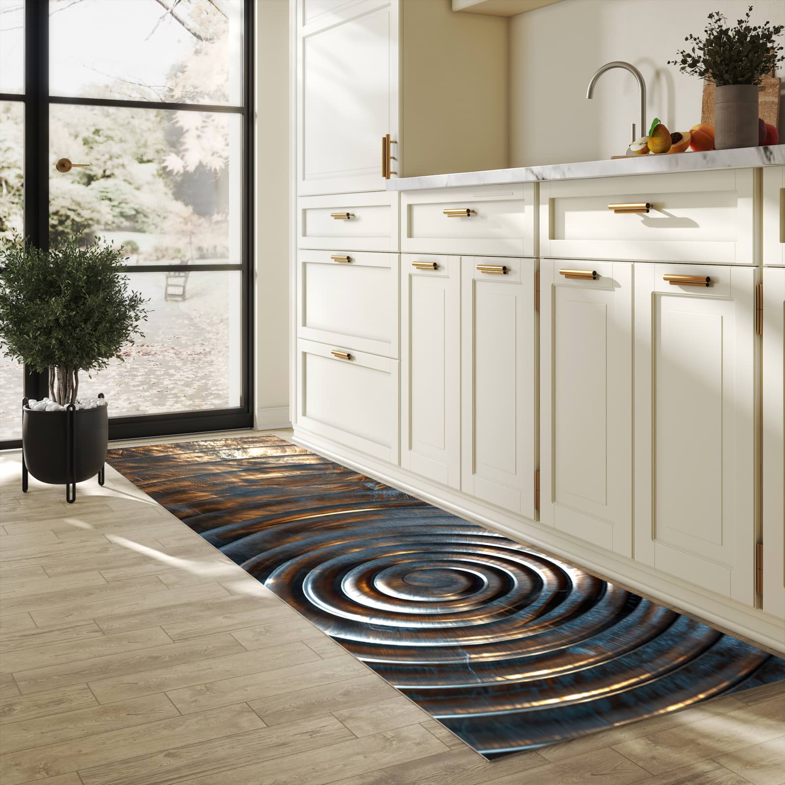 Rutschfester Teppich für Esstisch mit Motiv Metallische Spiralen in heller Küche