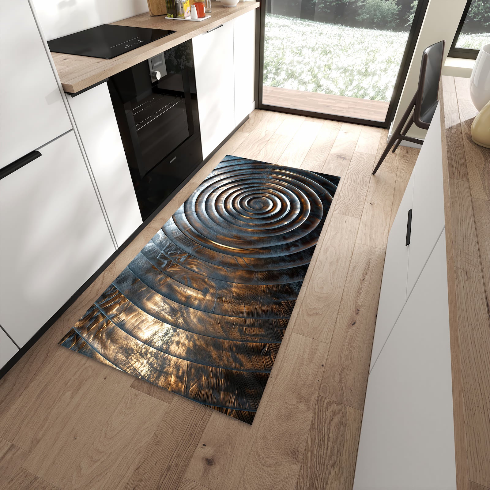 Langlebiger Küchenteppich mit Motiv Metallische Spiralen in moderner Küche