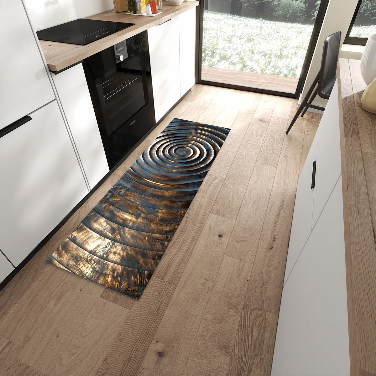 Waschbarer Teppich fürs Esszimmer mit Motiv Metallische Spiralen in moderner Küche