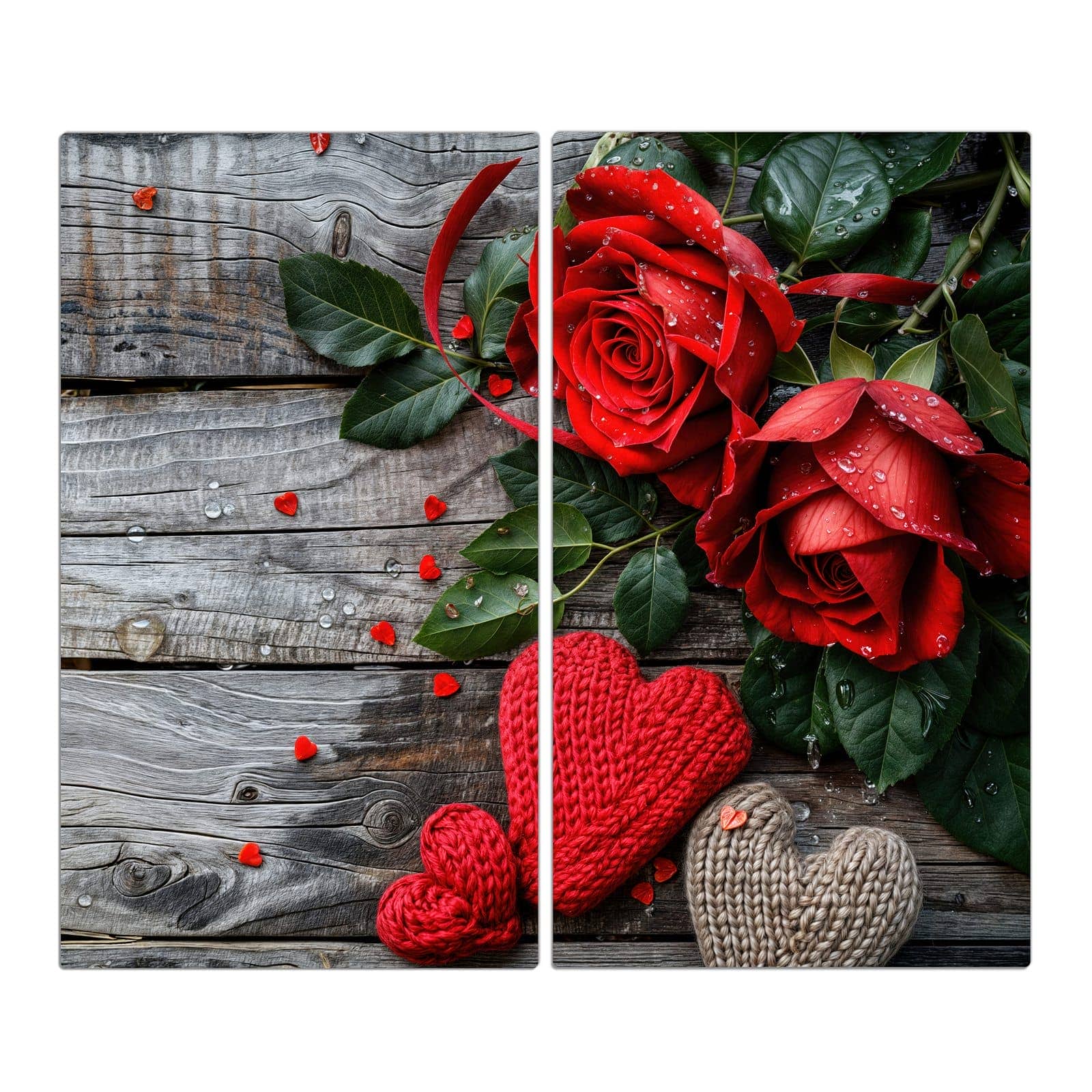 2-teilige Herdabdeckung aus Glas mit Rote Rosen und Herzen-Motiv in der Frontansicht