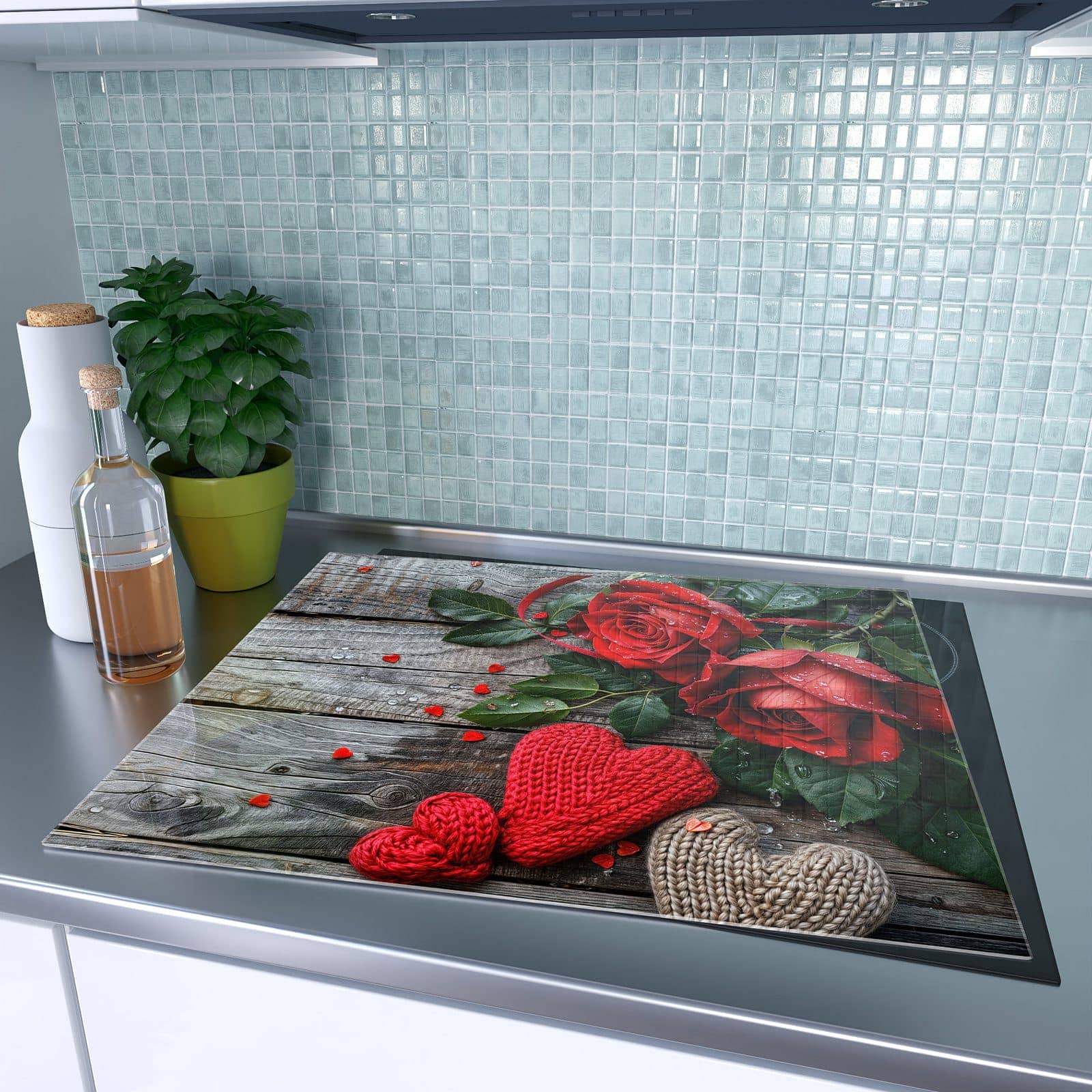 1-teilige Abdeckplatte Induktionsherd mit Rote Rosen und Herzen-Motiv auf dem Ceranfeld