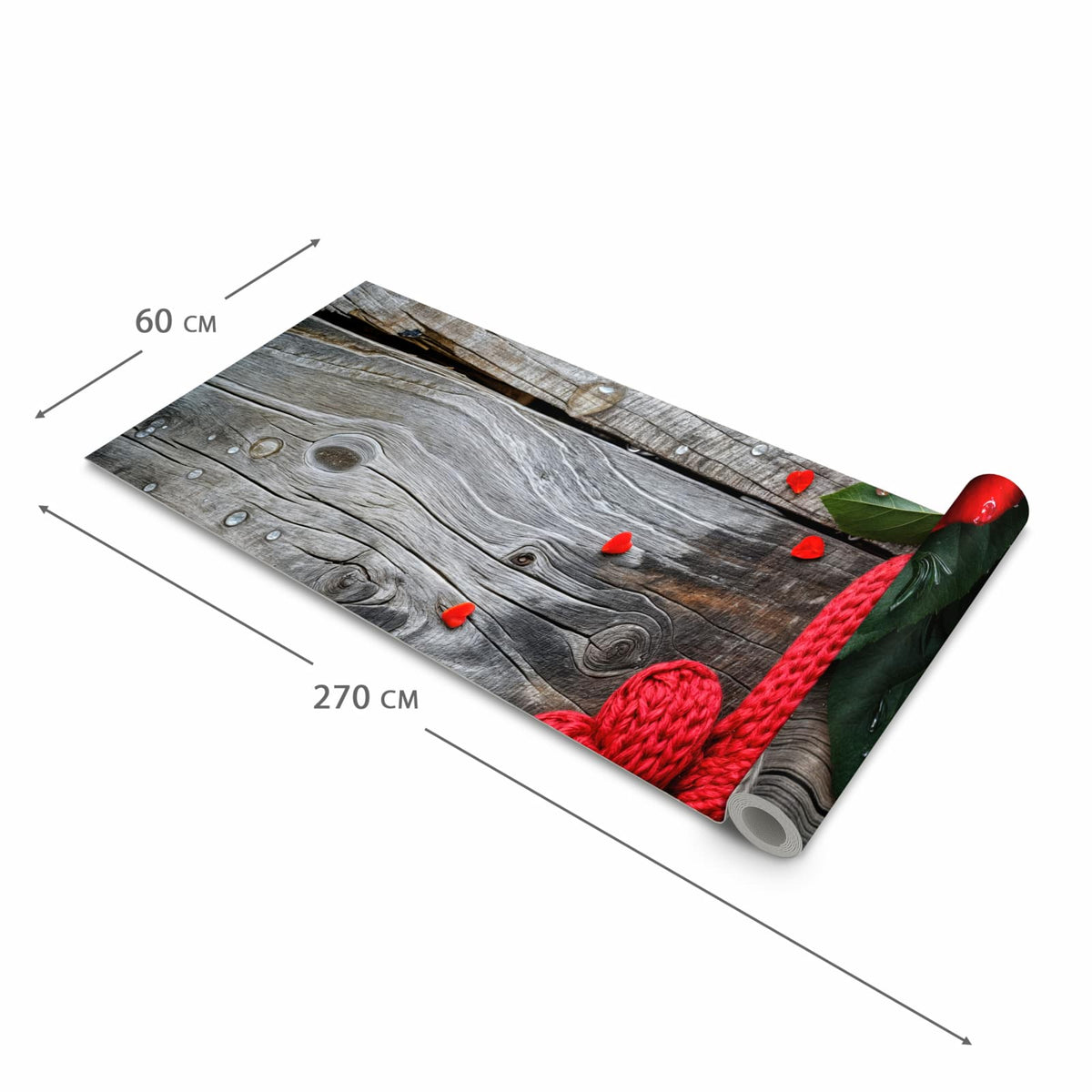 Komfortabler rutschfester Küchenläufer mit Motiv Rote Rosen und Herzen in der Größe 60x300 cm