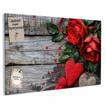 Metall Magnettafel mit dem Motiv Rosen mit Strickherzen
