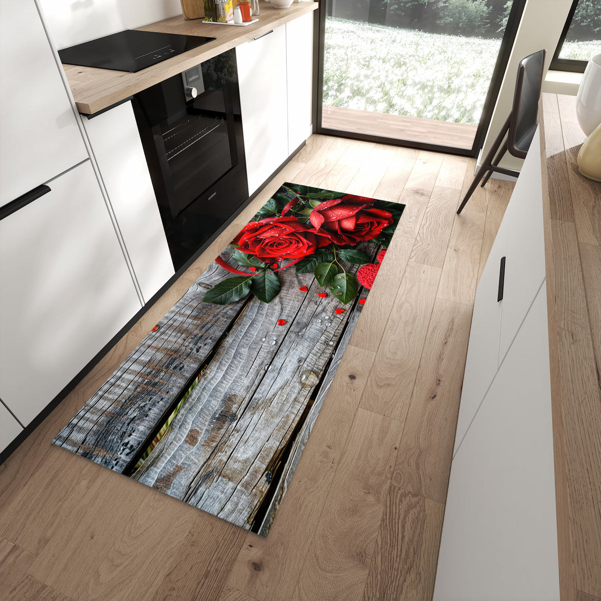 Rutschfester waschbarer Küchenläufer mit Motiv Rote Rosen und Herzen in moderner Küche
