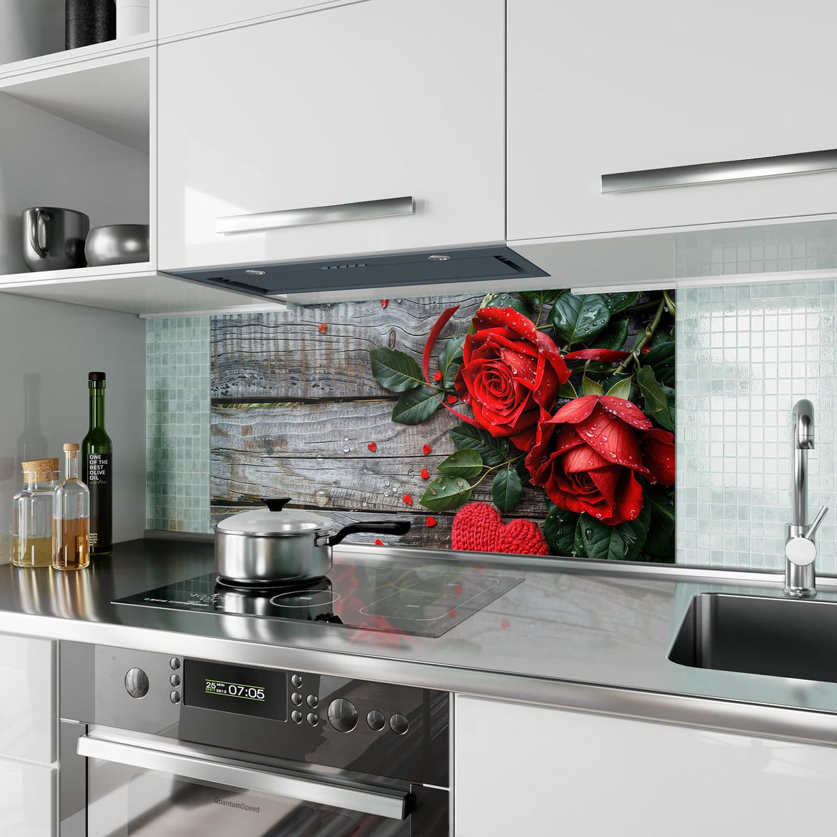 Küchenrückwand aus Glas Rosen mit Strickherzen im Hochformat als Spritzschutz hinter dem Kochfeld, über dem Fliesenspiegel montiert