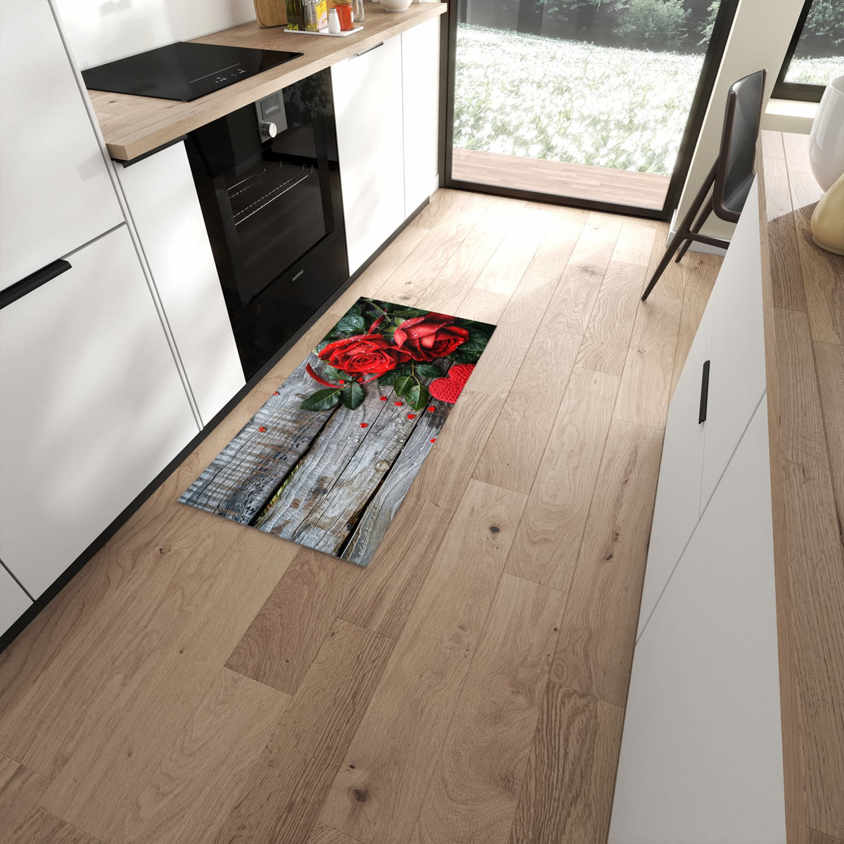 Rutschfester Küchenläufer mit Motiv Rote Rosen und Herzen in moderner Küche #grösse_60 x 120 cm