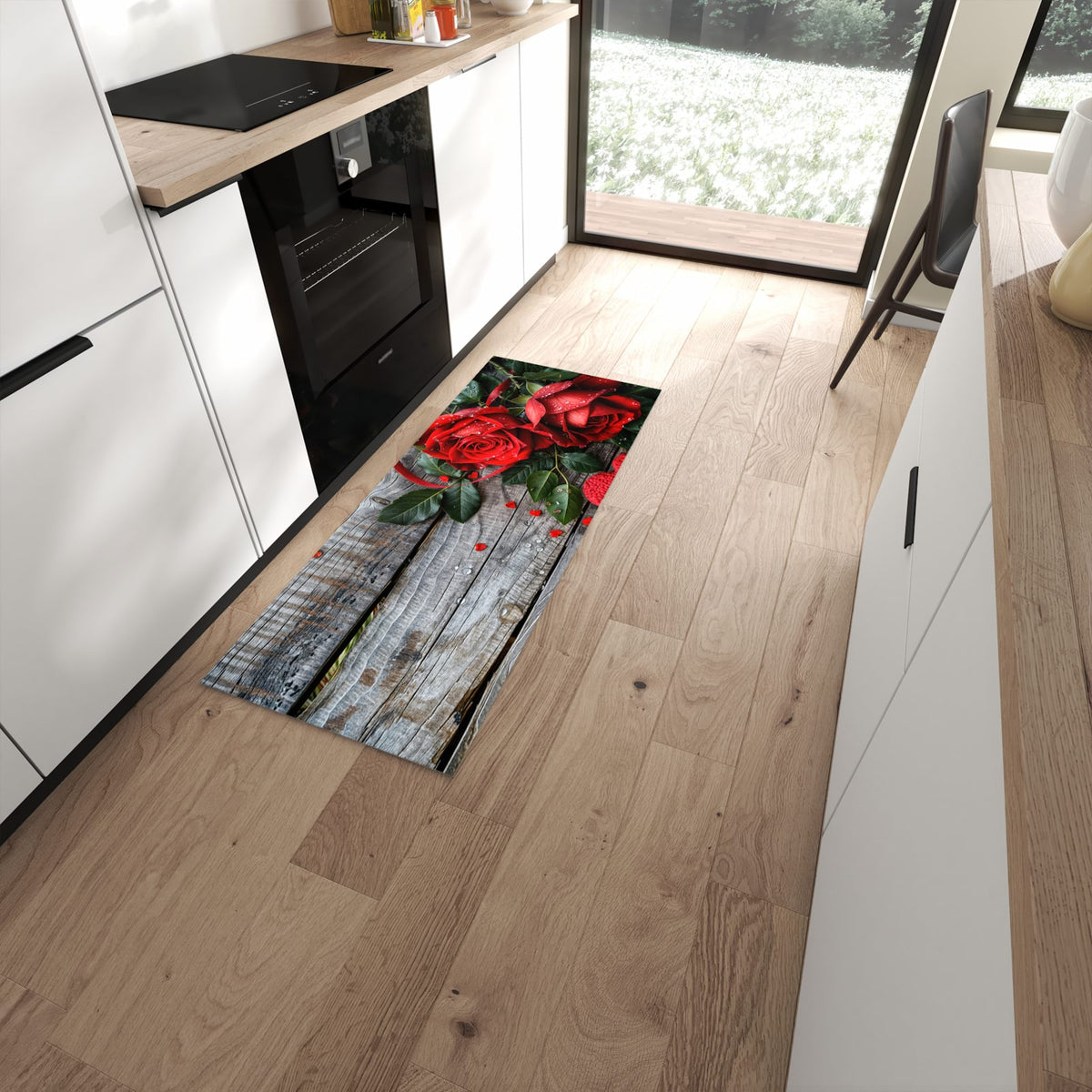 Pflegeleichter Küchenläufer mit Motiv Rote Rosen und Herzen in moderner Küche #grösse_60 x 150 cm