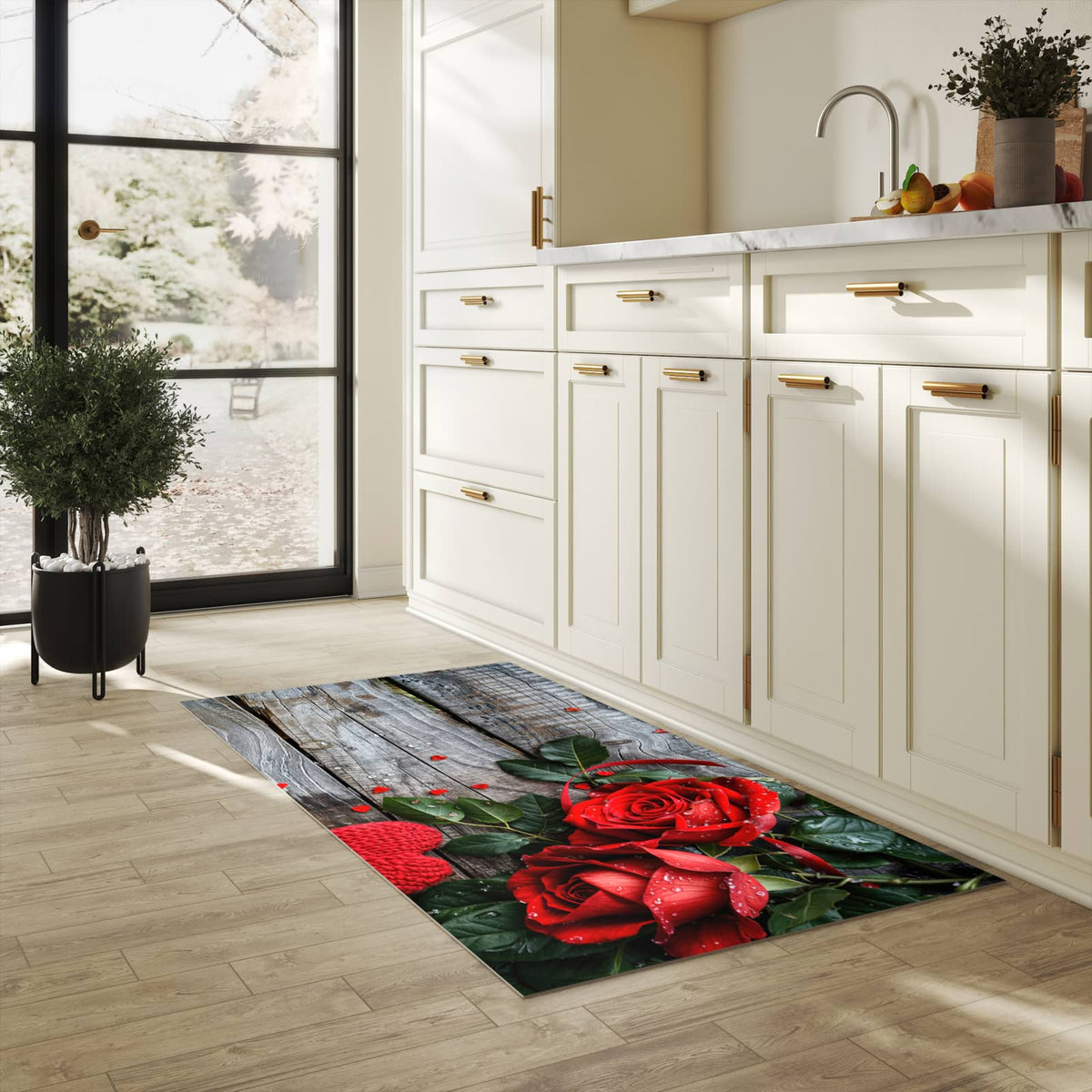Geräuschdämpfender Küchenläufer mit Motiv Rote Rosen und Herzen in heller Küche