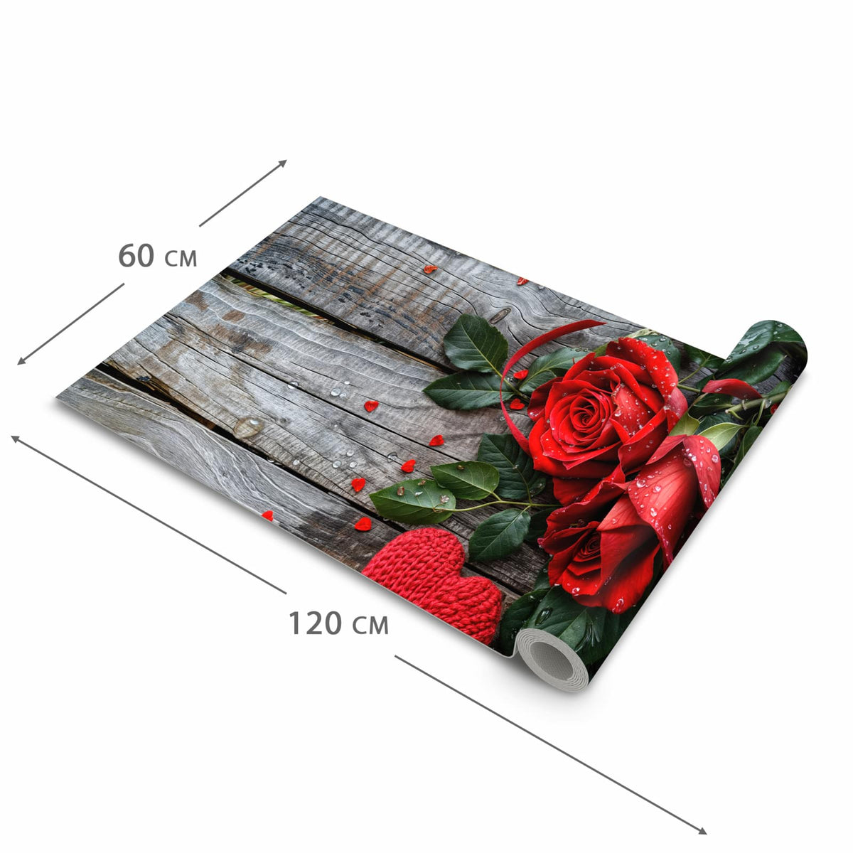 Geruchsneutraler Küchenläufer mit Motiv Rote Rosen und Herzen in der Grösse 60x300 cm
