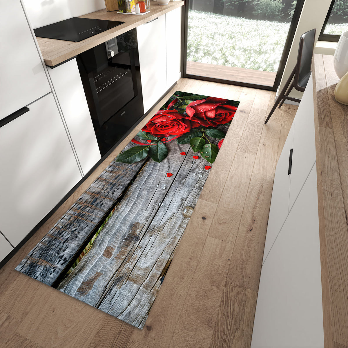 Feuchtigkeitsresistenter waschbarer Küchenläufer mit Motiv Rote Rosen und Herzen in moderner Küche