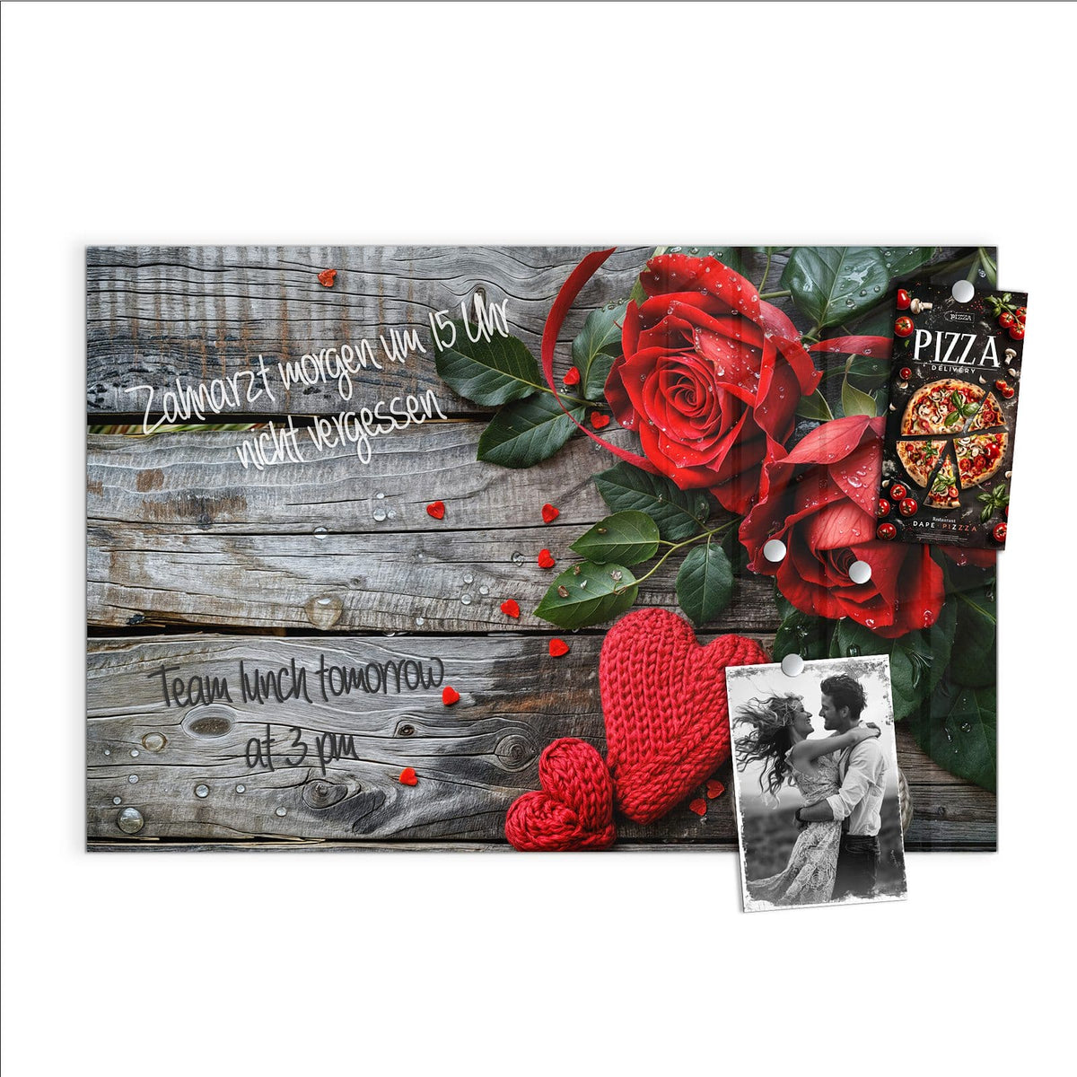 Beschreiben, abwischen, anheften – Magnettafel - Rosen mit Strickherzen