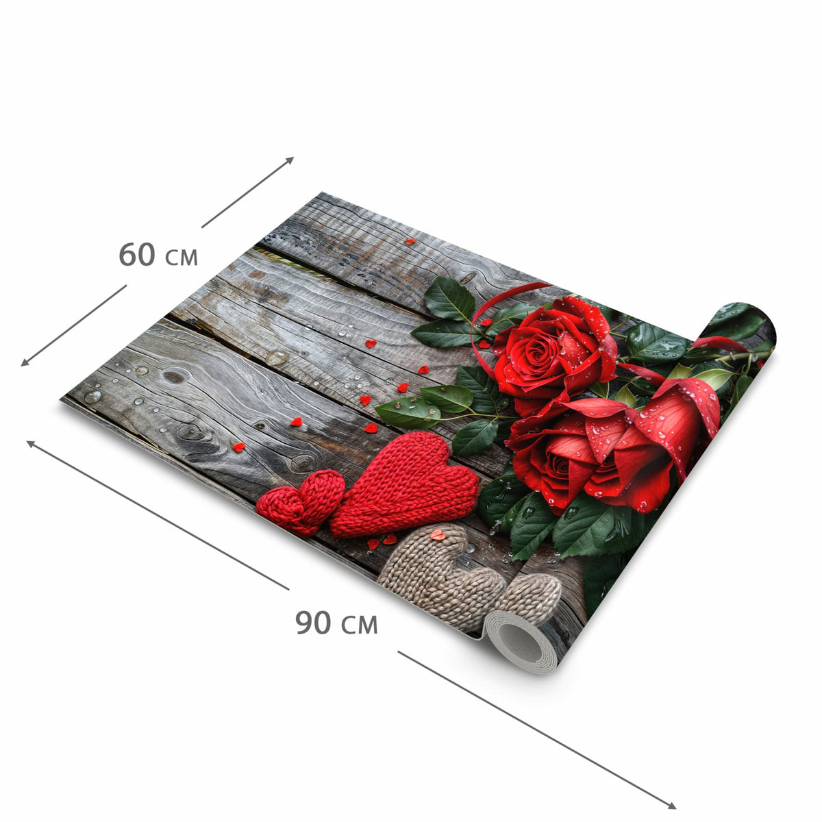 Rutschfester Küchenläufer mit Motiv Rote Rosen und Herzen in der Grösse 60x300 cm - einfach zu reinigen