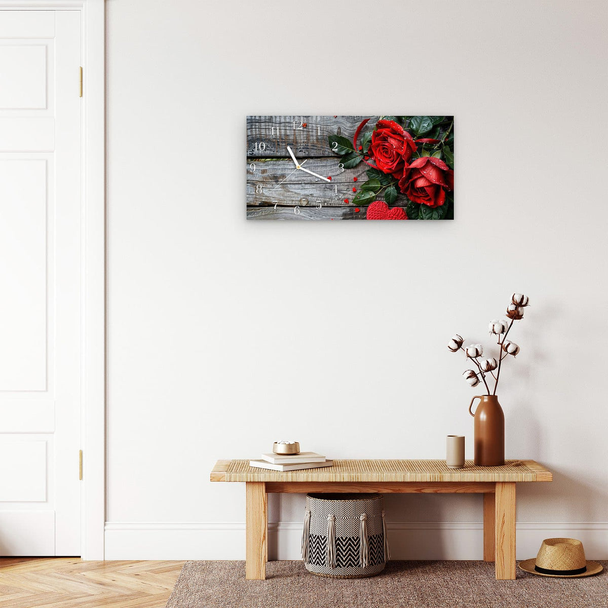 Moderne Wanduhr aus Glas mit Farbtiefe – Wanduhr Rote Rosen und Herzen aus Glas – Querformat 60 × 30 cm