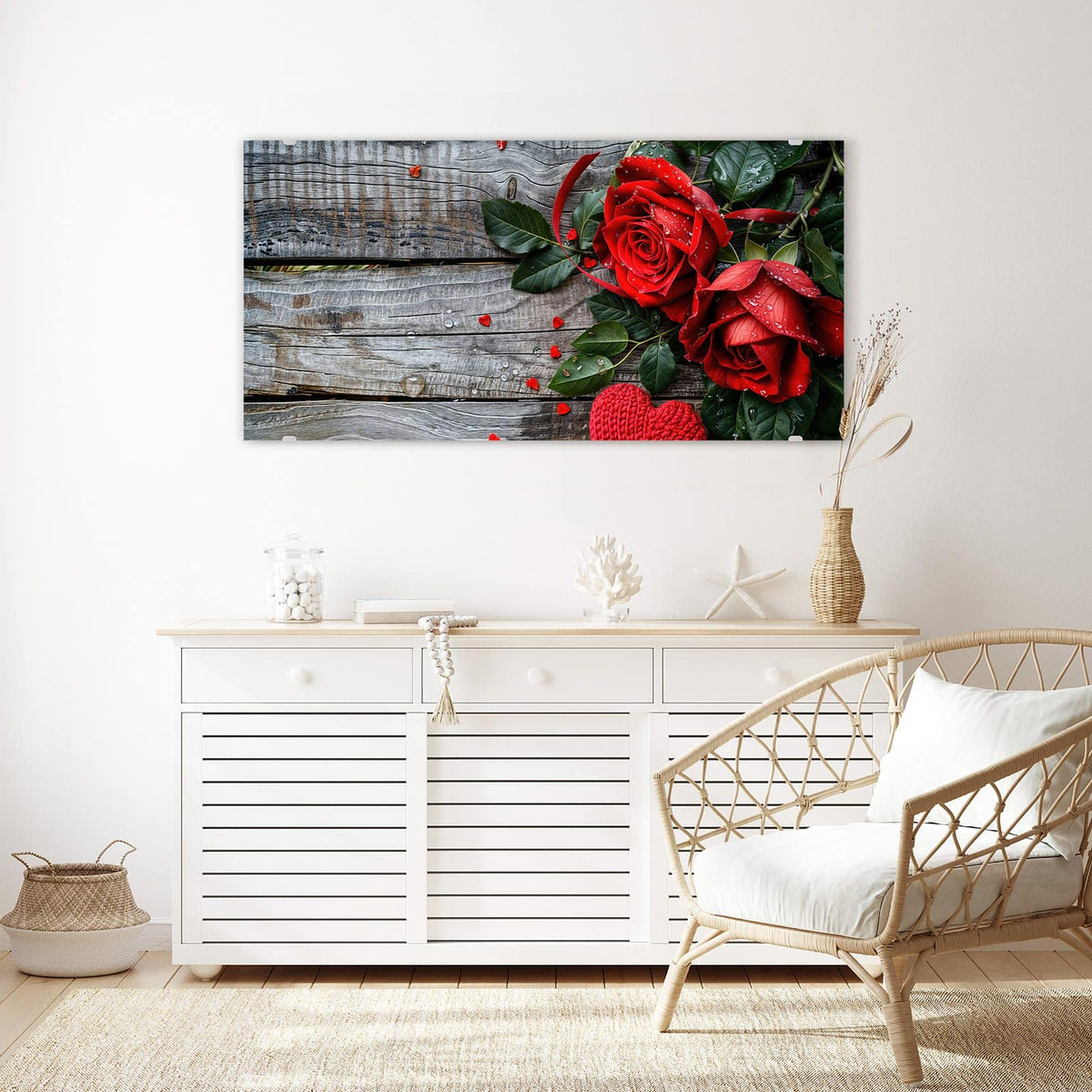 Echtglas, 4 mm – kein Acryl, keine Folie – Wandbild - Rosen mit Strickherzen - Querformat