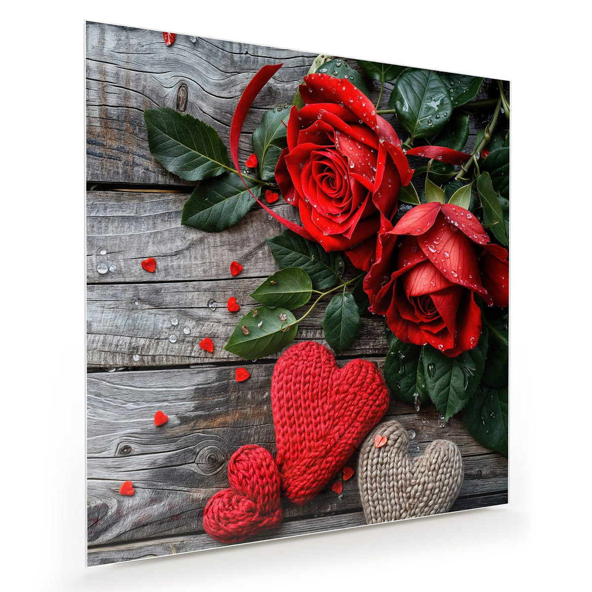 Zwei betaute rote Rosen auf grauem Holz, davor ein rotes und ein beiges Strickherz