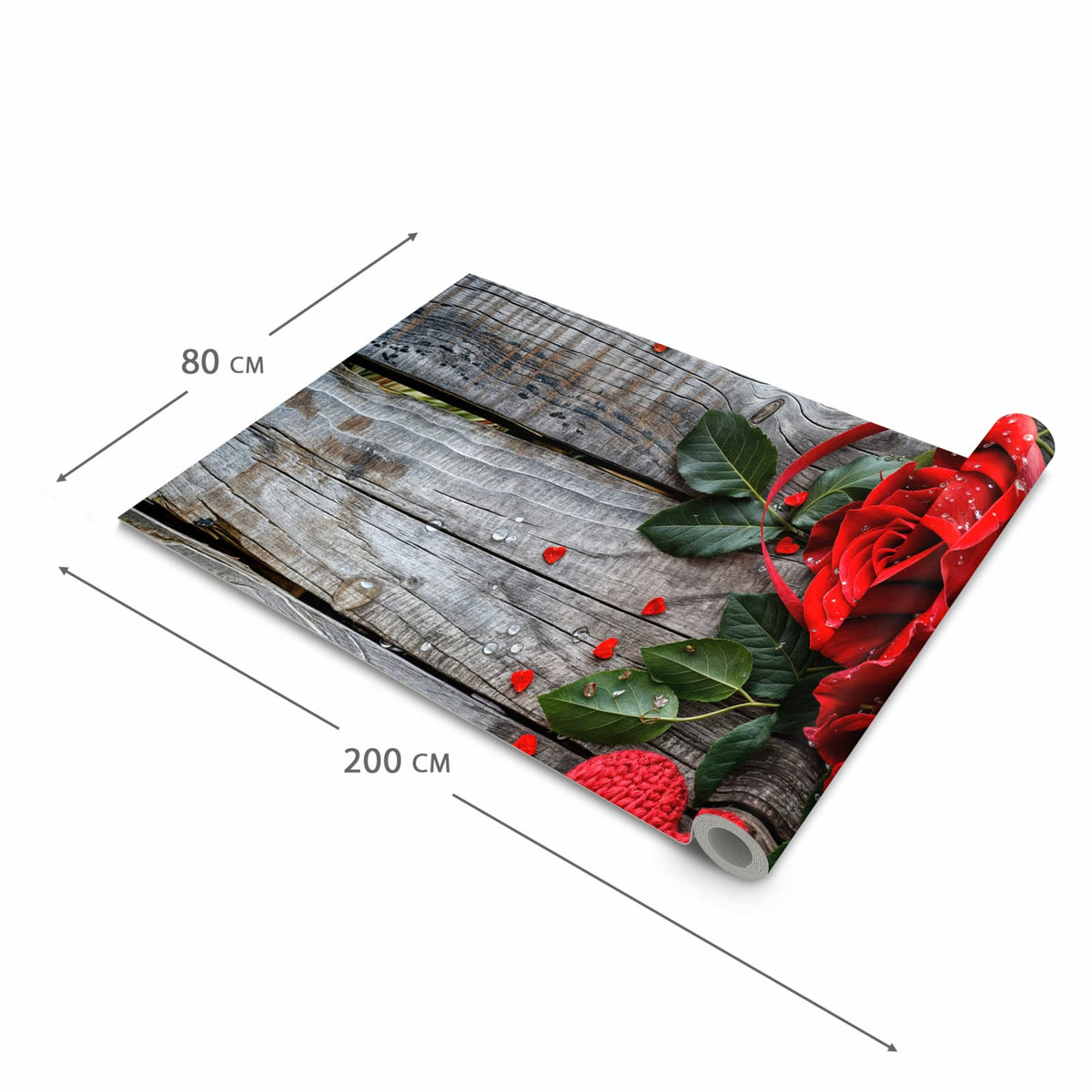 Moderner Küchenläufer mit Motiv Rote Rosen und Herzen in der Grösse 60x300 cm - angenehme Haptik