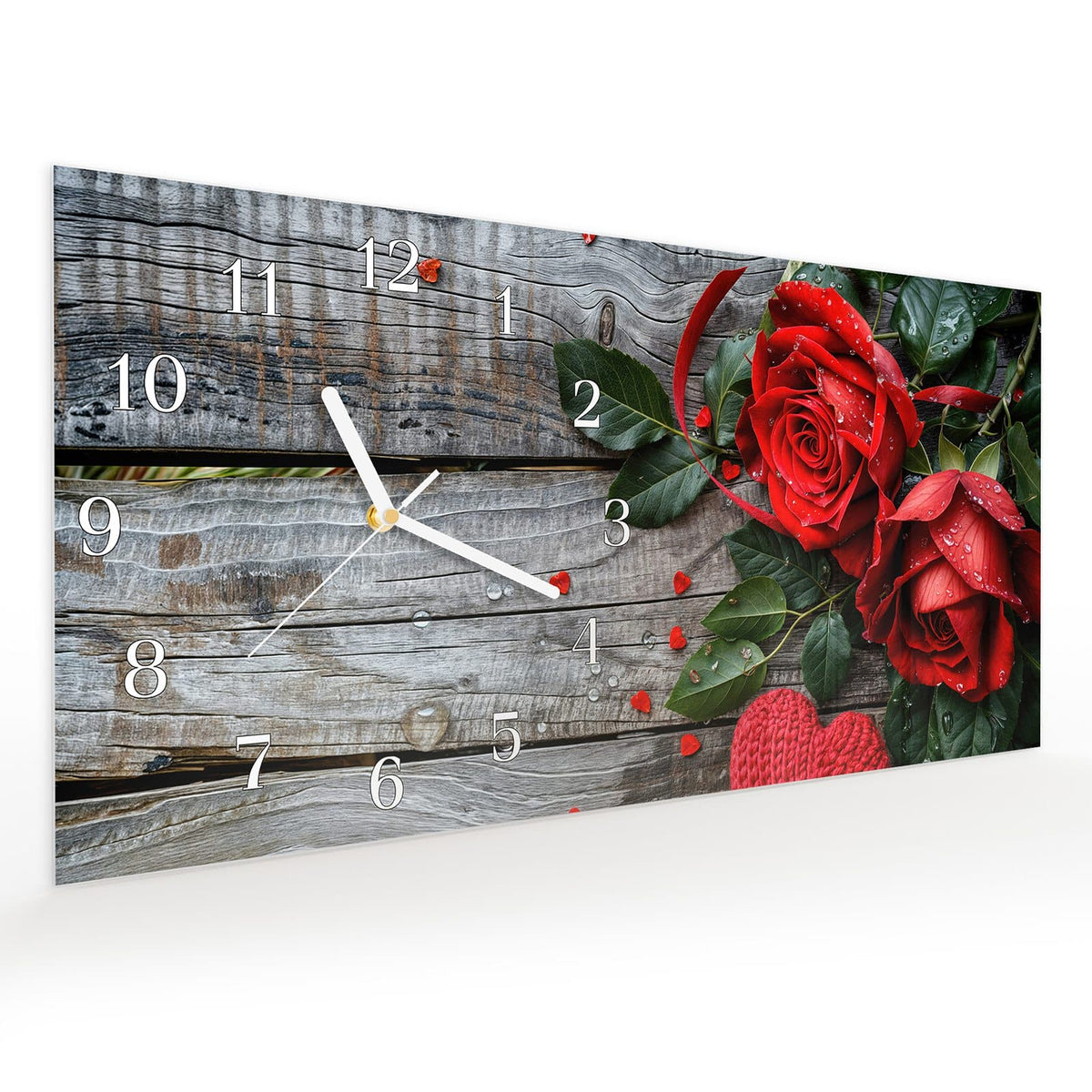 Vormontiert – mit Schwebeeffekt – Wanduhr Rote Rosen und Herzen aus Glas – Querformat 60 × 30 cm