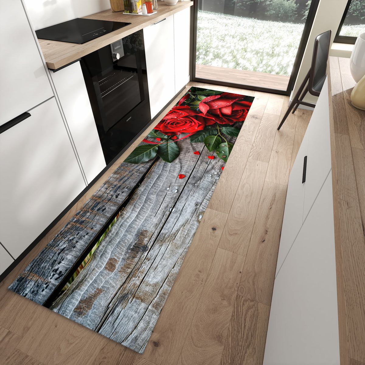 Bodenschonender langer Teppich mit Motiv Rote Rosen und Herzen in moderner Küche