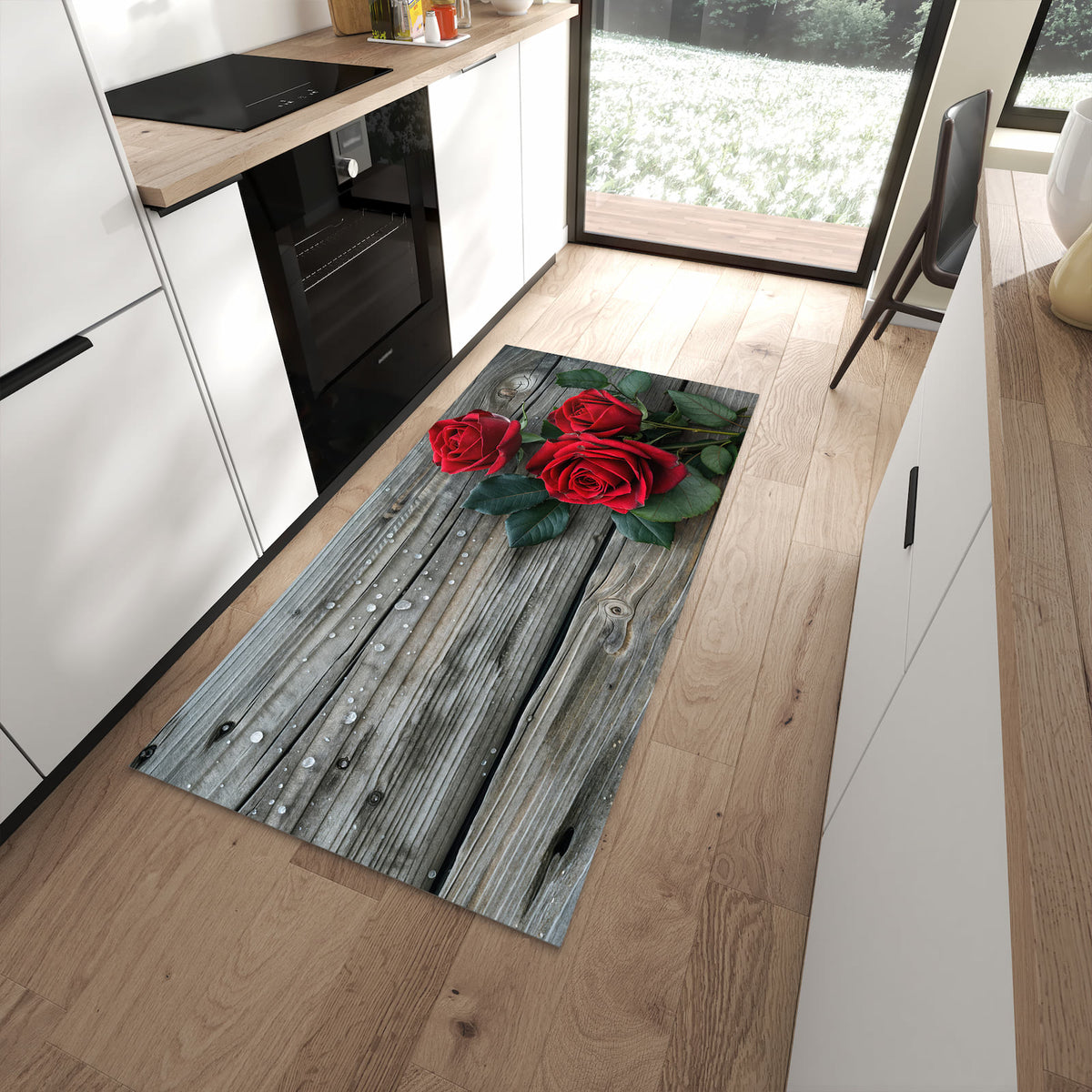 Pflegeleichter Läufer für die Küche mit Motiv Romantische Rosenherzen in moderner Küche