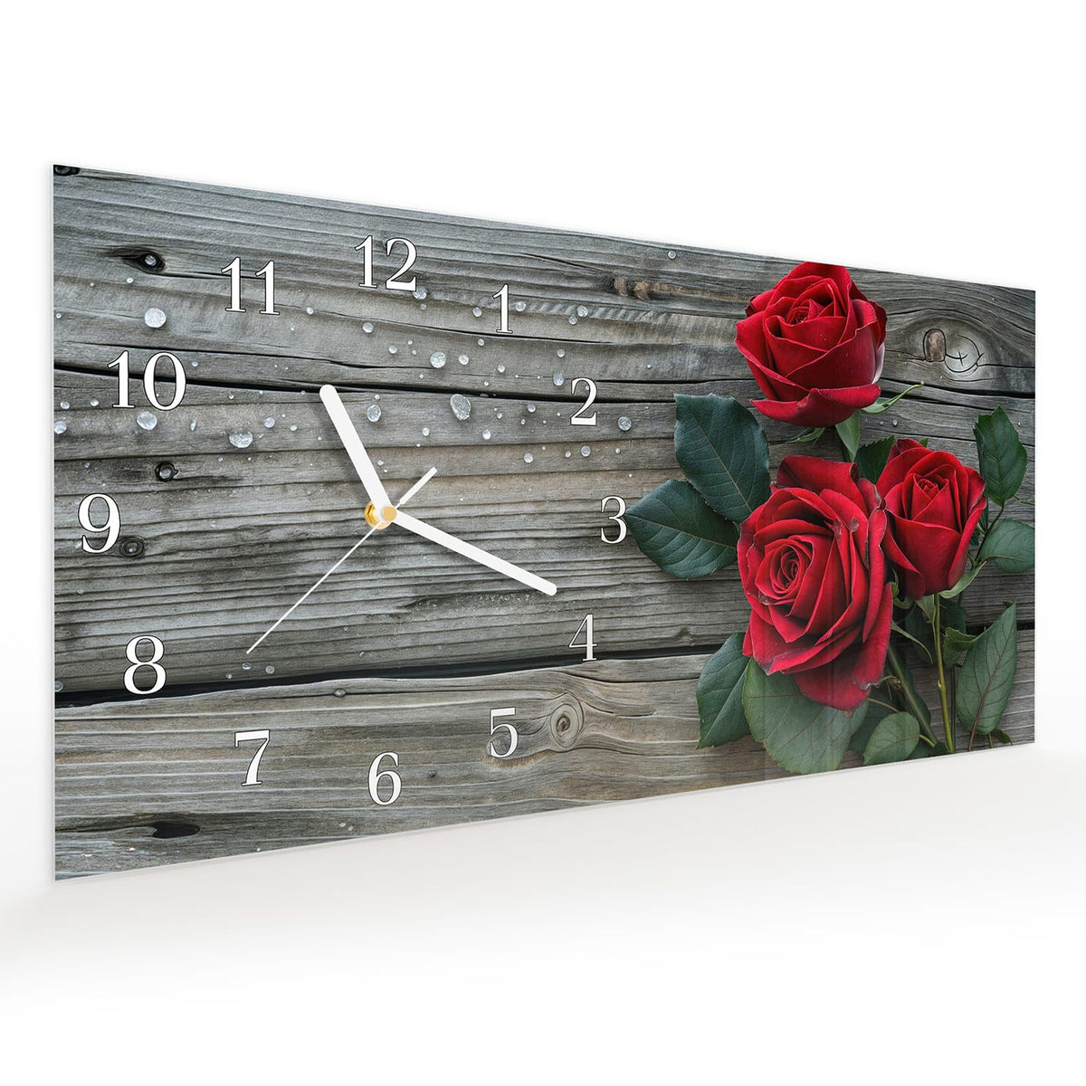 Vormontiert – mit Schwebeeffekt – Wanduhr Romantische Rosenherzen aus Glas – Querformat 60 × 30 cm