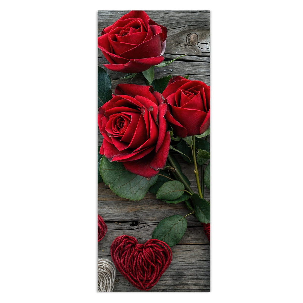 Wandbild - Drei Rosen mit Herzen - Hochformat – Drei tiefrote Rosen auf Holz