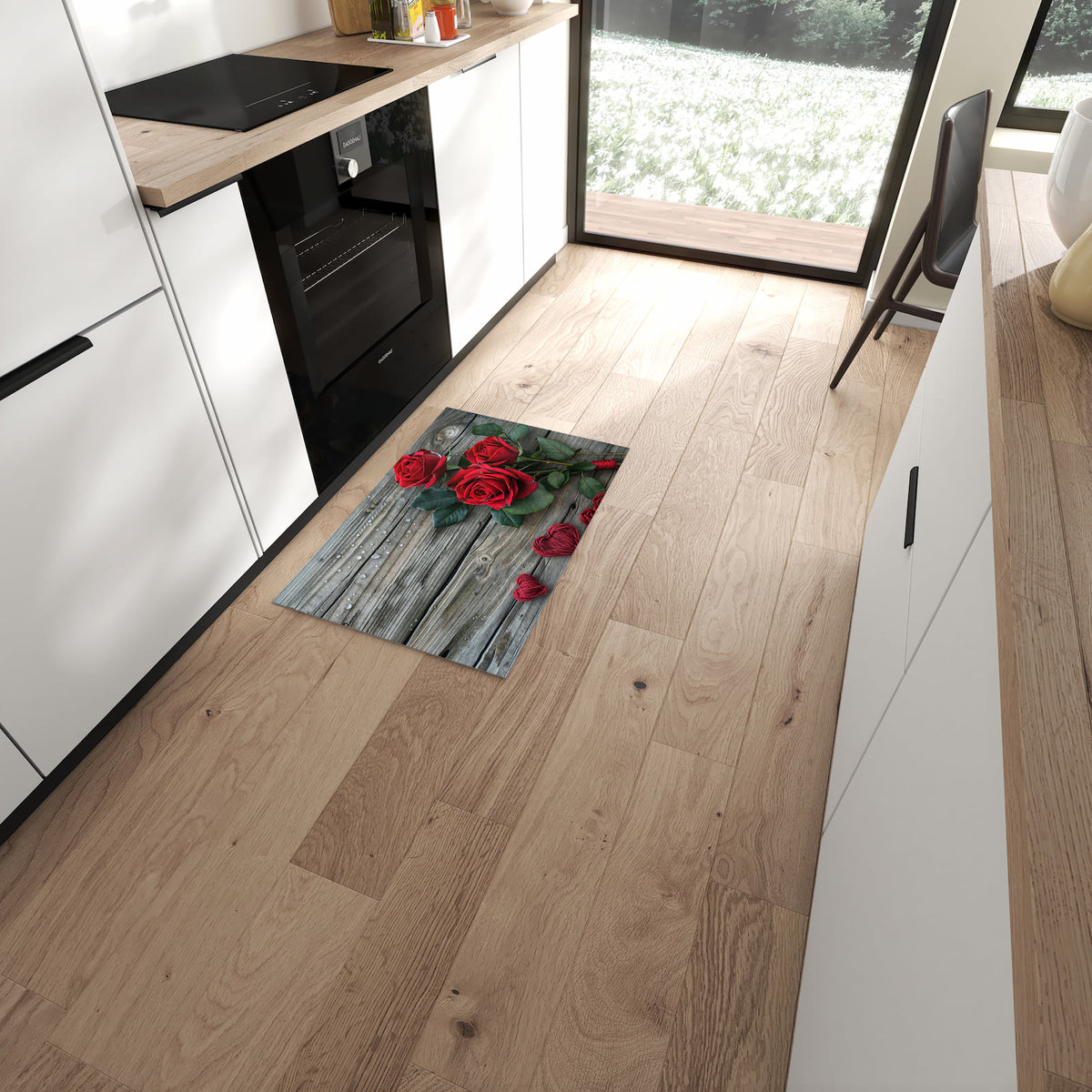 Fleckenresistenter Küchenteppich mit Motiv Romantische Rosenherzen in moderner Küche