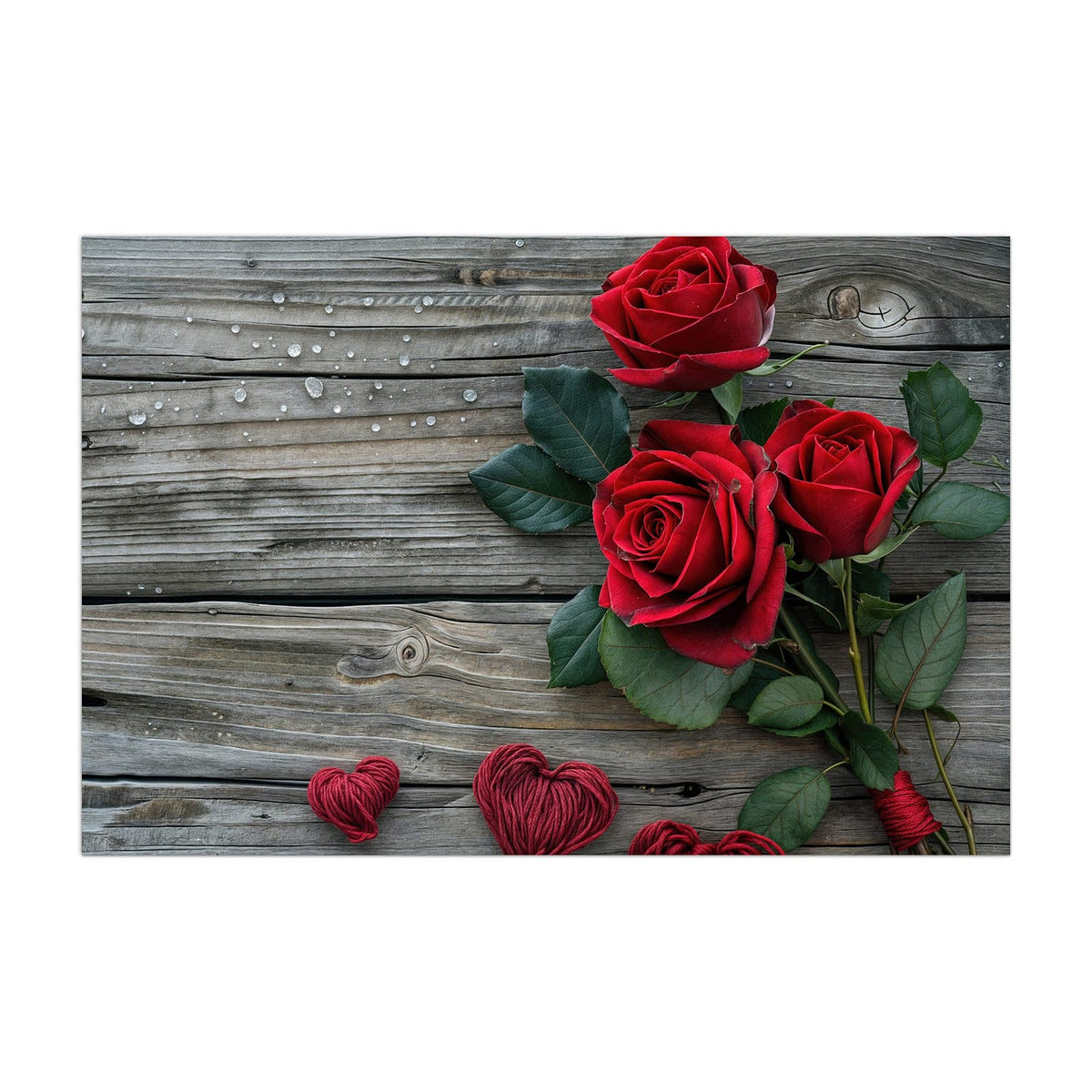 Küchenrückwand aus Glas Drei Rosen mit Herzen im Hochformat, Motiv bildfüllend von vorn