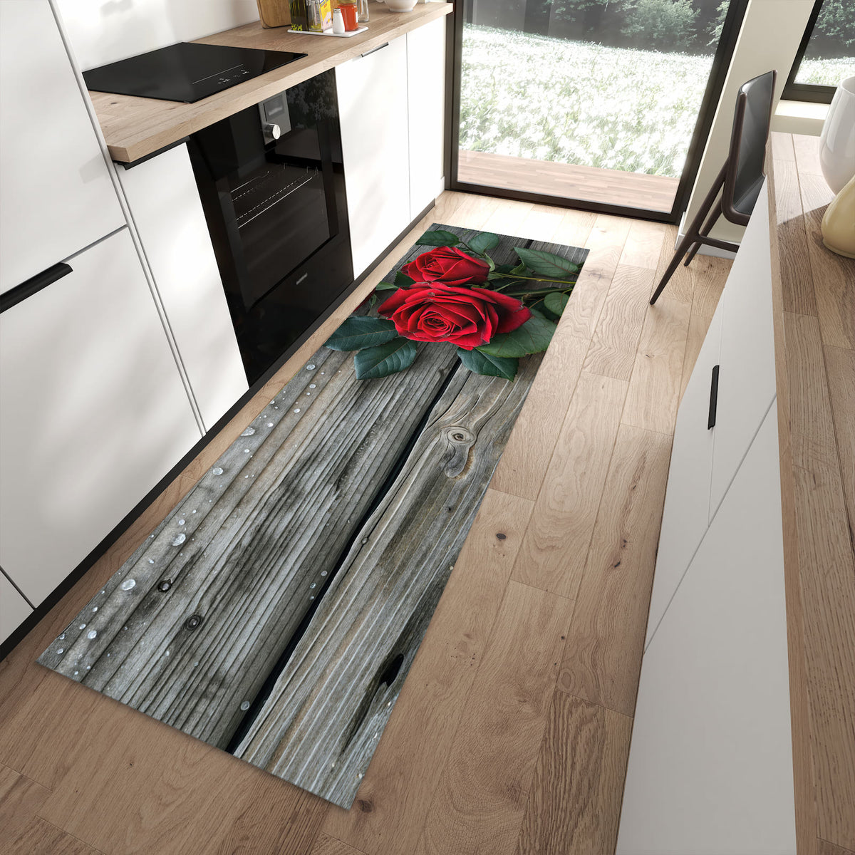 Geruchsneutraler Küchenteppich mit Motiv Romantische Rosenherzen in moderner Küche