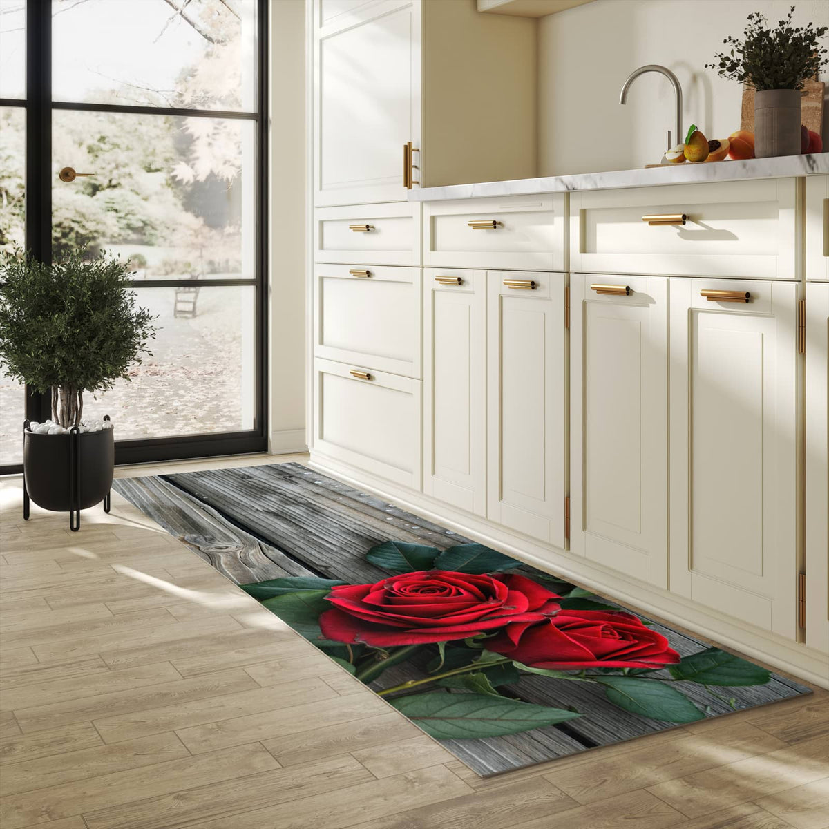 Abwaschbarer Küchenteppich mit Motiv Romantische Rosenherzen in heller Küche