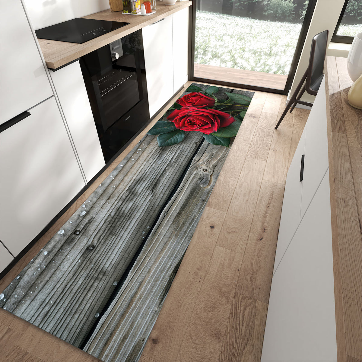 Flacher Küchenteppich mit Motiv Romantische Rosenherzen in moderner Küche