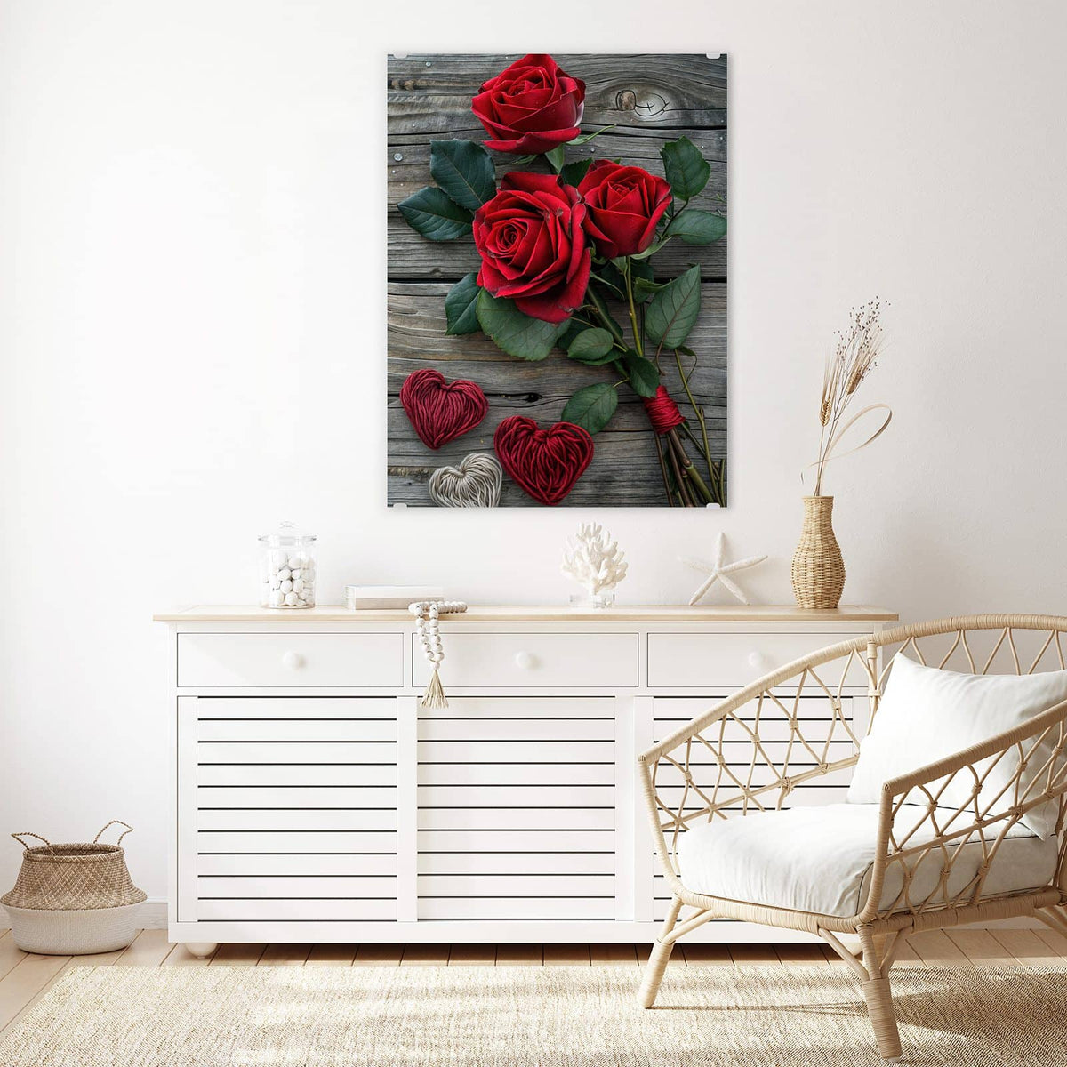 Aufhängung liegt bei – Motiv später wechselbar – Wandbild - Drei Rosen mit Herzen - Hochformat